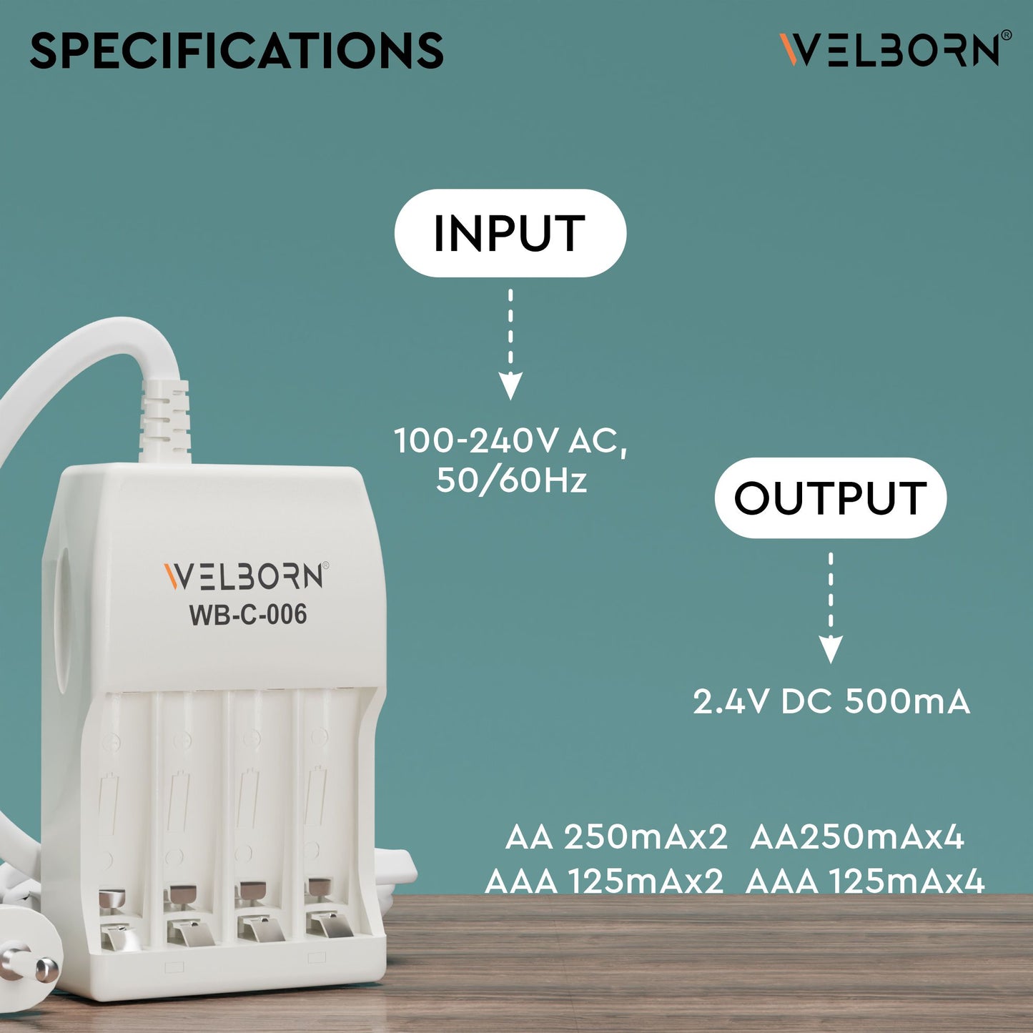WELBORN WB-C-006/PCR Charger for 4 Rechargeable AA/AAA and NiMH Batteries AA Cell Charger