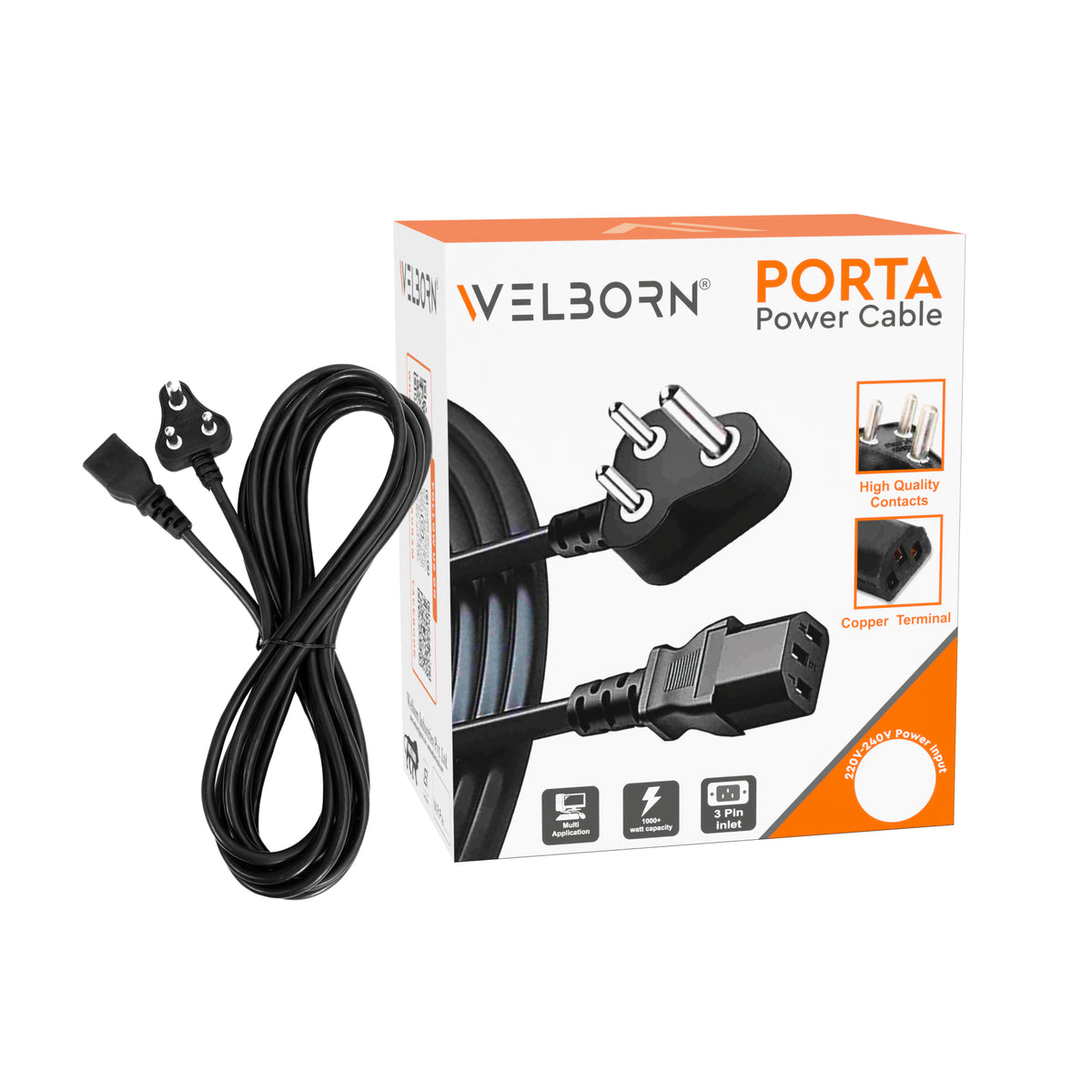 WELBORN Porta Power Cable – 10M / 15M / 20M | 3-Pin Power Cable with Copper Terminals | 220–240V Power Input | 1000W+ Capacity | Heavy-Duty Cable for Studio Lighting, Photography, Videography & Professional Equipment