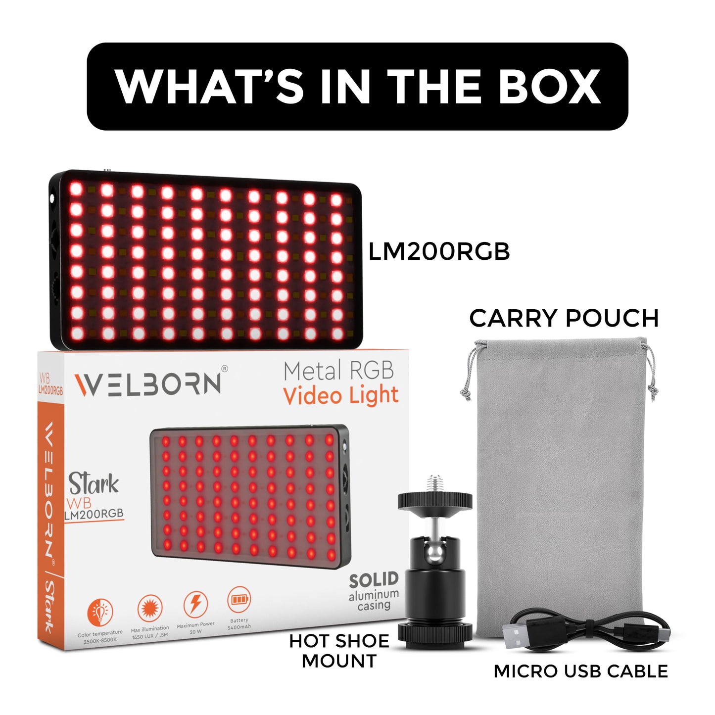 WELBORN (LM200RGB) Portable RGB LED 20W(max) Video Light with 5400mAh in-Built Battery