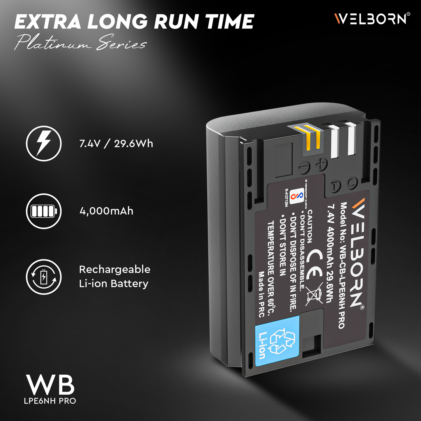 WELBORN Jumbo LPE6NH PRO (4000 mAh) Platinum Lithium-ion Battery for Canon EOS 5D Mark II III IV 5DS 5DS R 6D 60D 6D Mark II 7D 7D Mark II 70D 80D Cameras