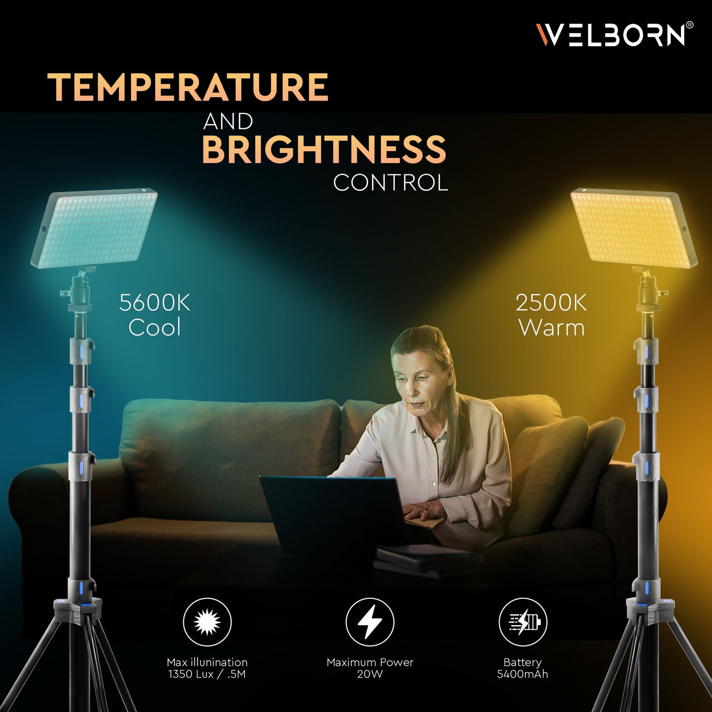 WELBORN (LM200B) 200 Led Metal Body Portable Bi-Color LED Video Light with Built-in 5400mAh Battery & OLED Screen for Photography & Videography