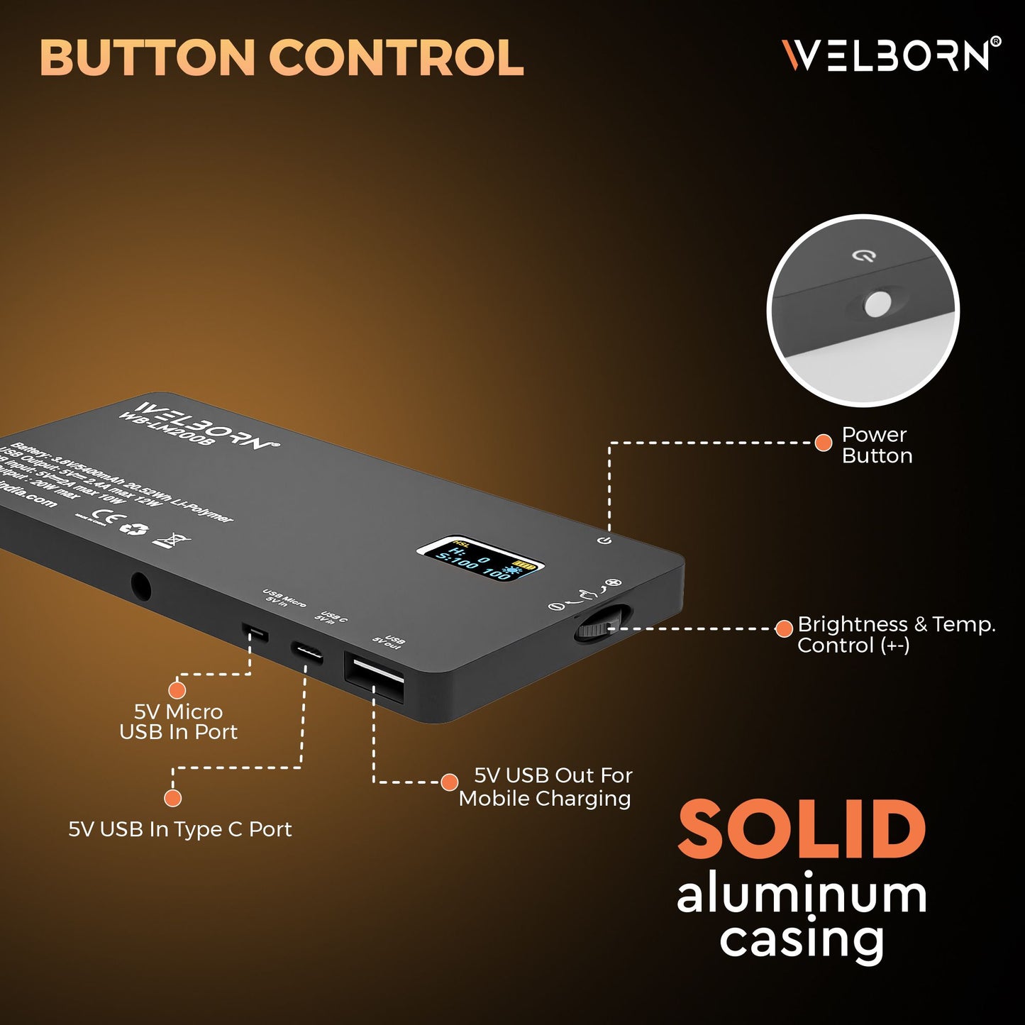 WELBORN (LM200B) 200 Led Metal Body Portable Bi-Color LED Video Light with Built-in 5400mAh Battery & OLED Screen for Photography & Videography