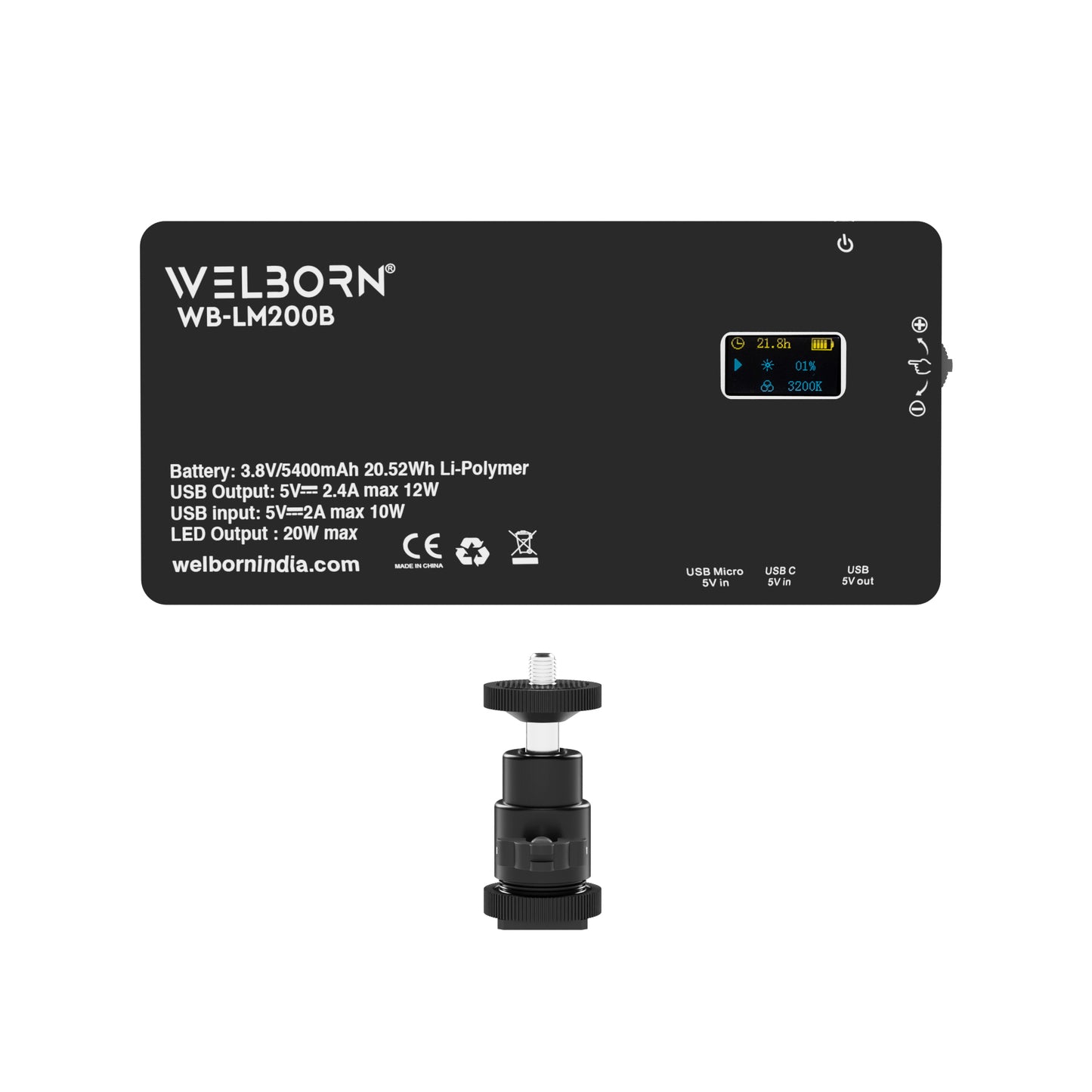 WELBORN (LM200B) 200 Led Metal Body Portable Bi-Color LED Video Light with Built-in 5400mAh Battery & OLED Screen for Photography & Videography