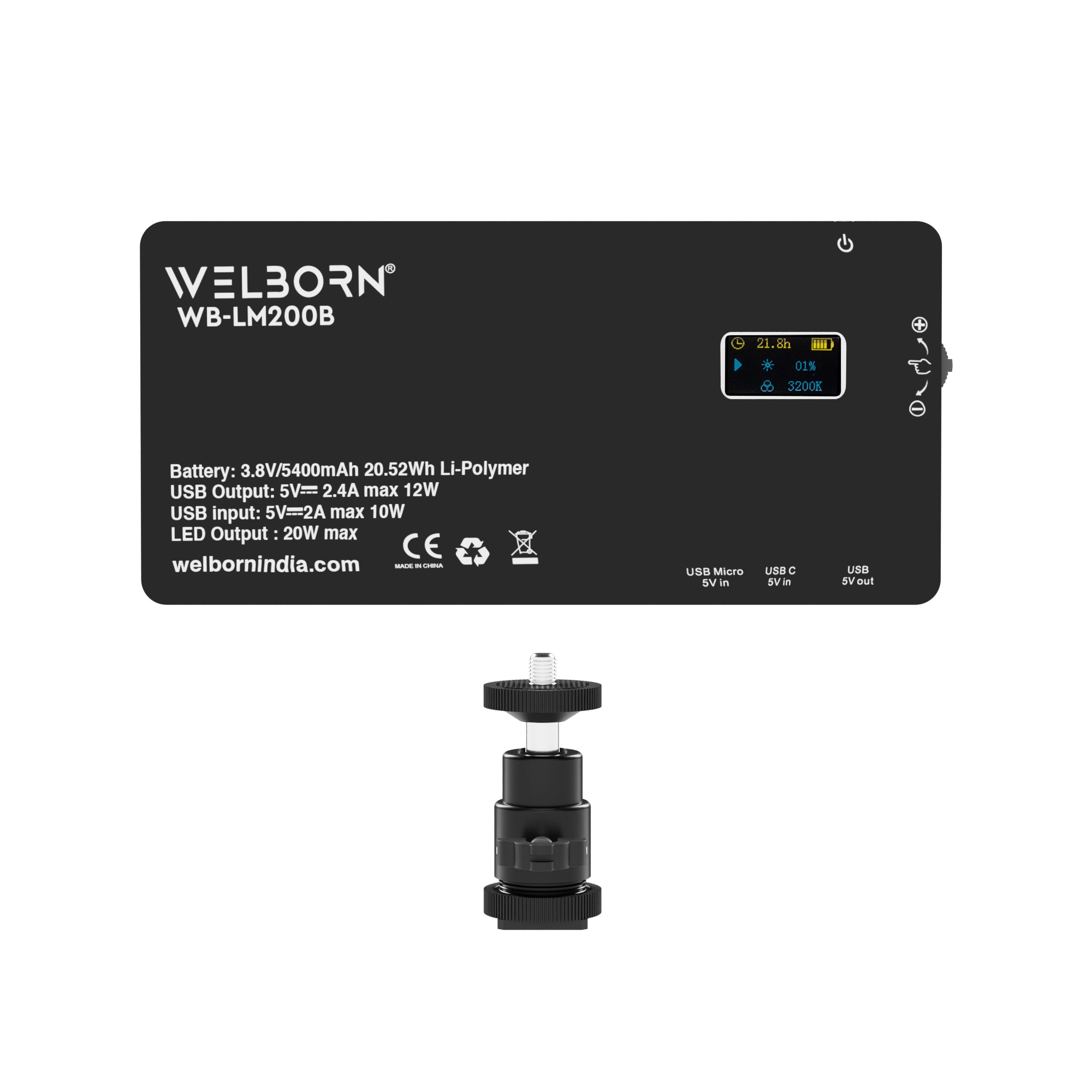 WELBORN (LM200B) 200 Led Metal Body Portable Bi-Color LED Video Light with Built-in 5400mAh Battery & OLED Screen for Photography & Videography