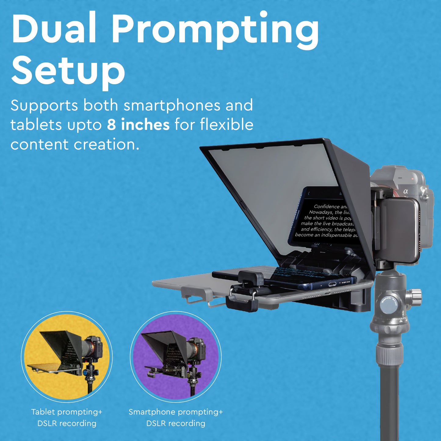 WELBORN 8-Inch Teleprompter for Smartphone, DSLR & Mirrorless Cameras | Bluetooth Remote | Magnetic Phone Holder | Android/iOS Compatible | 8 Lens Adapter Rings