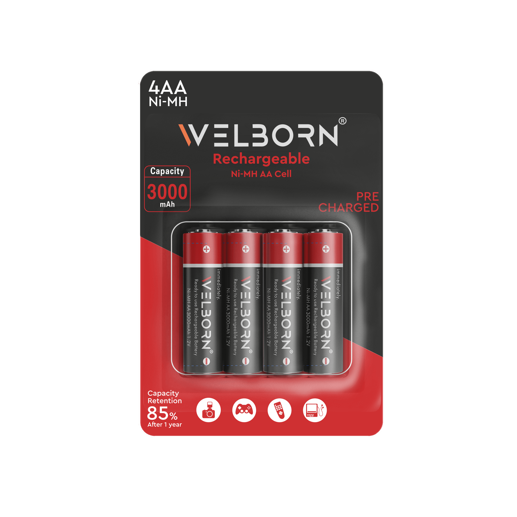 WELBORN AA Rechargeable Ni-MH Batteries 3000 mAh | 1.2V Ultra High Power for Mid to High Drain Devices | Pack of 4