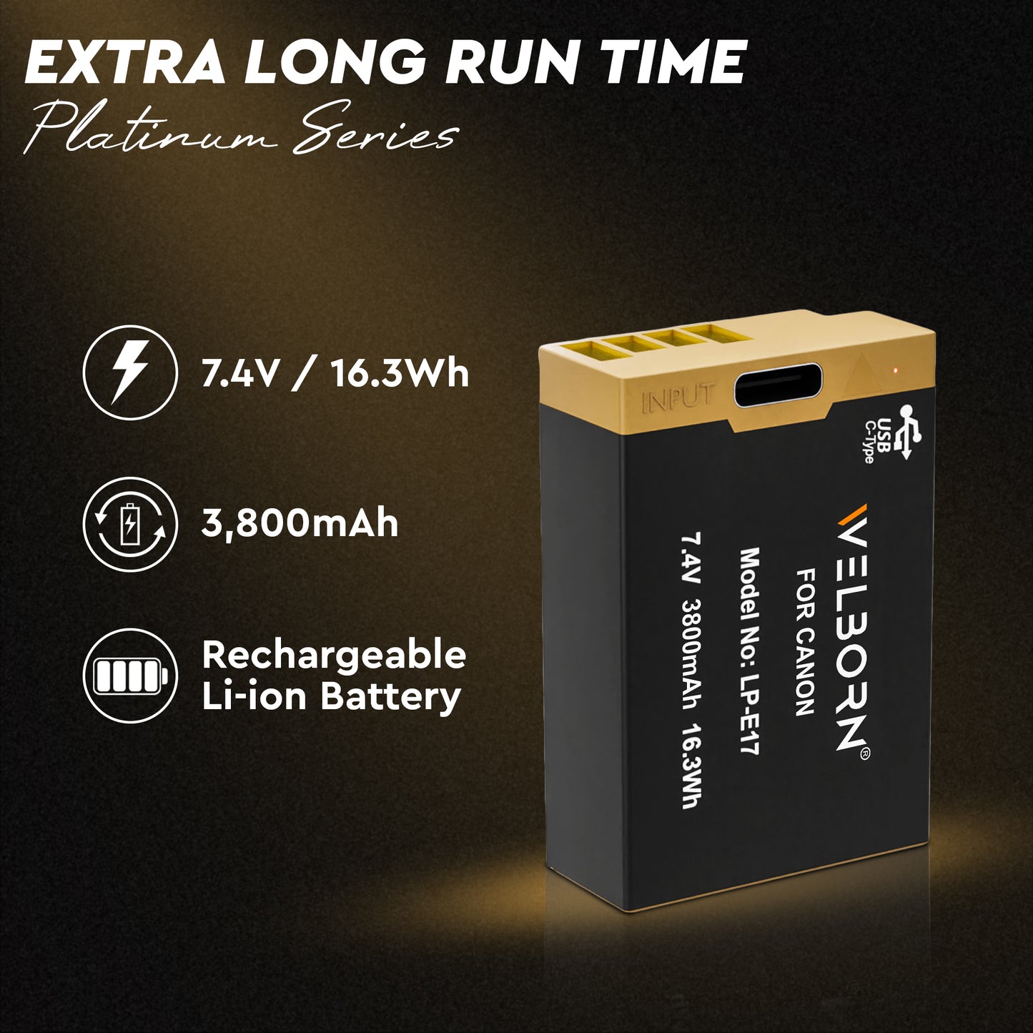 WELBORN LP-E17 (3800 mAh) Platinum Lithium-ion Battery with C Type USB Charging Port Compatible Canon Camera EOS M3 M5 M6 77D 200D 750D 760D 800D 8000D 9000D Rebel T6s T6i T7i SL2 Kiss X8i