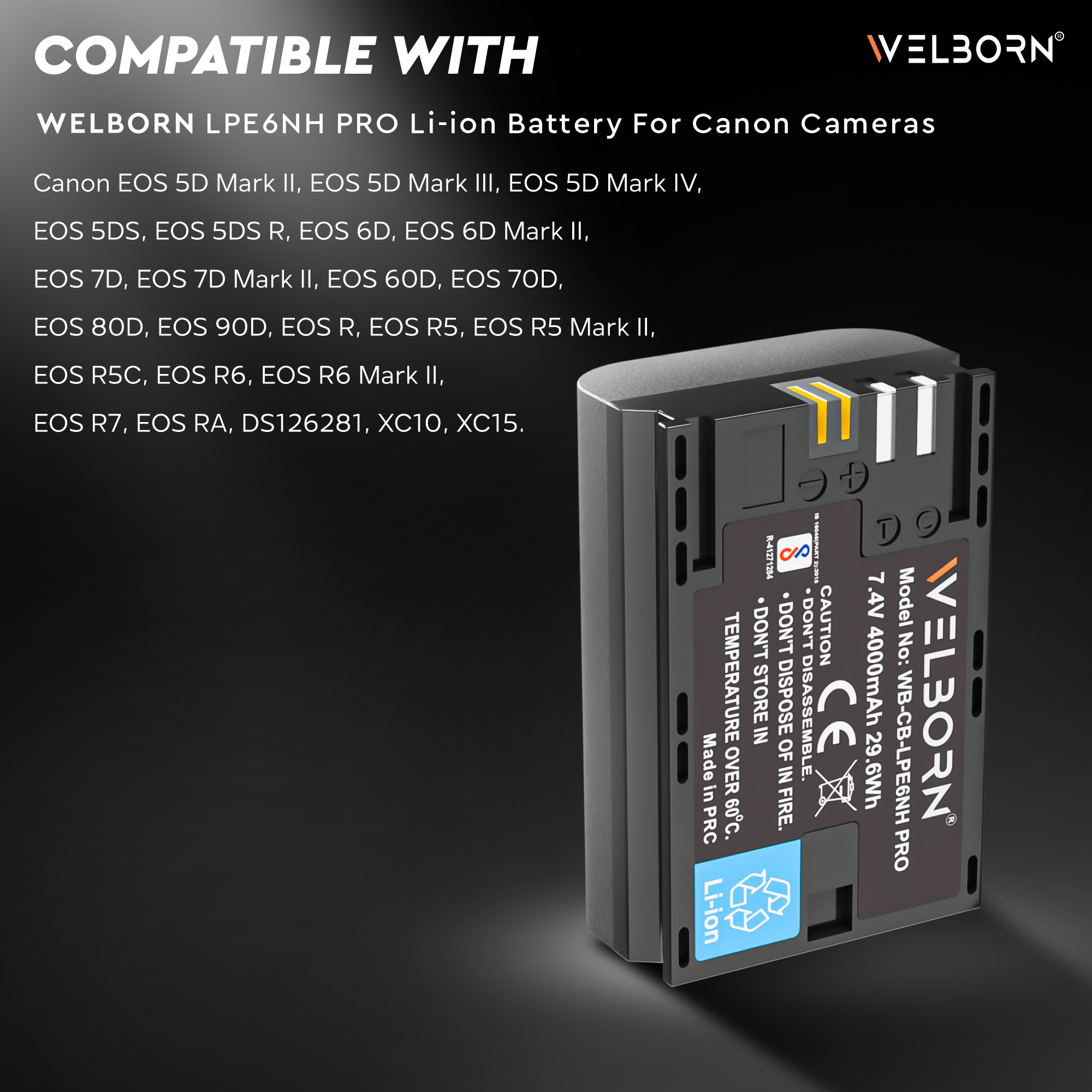 WELBORN Jumbo LPE6NH PRO (4000 mAh) Platinum Lithium-ion Battery for Canon EOS 5D Mark II III IV 5DS 5DS R 6D 60D 6D Mark II 7D 7D Mark II 70D 80D Cameras