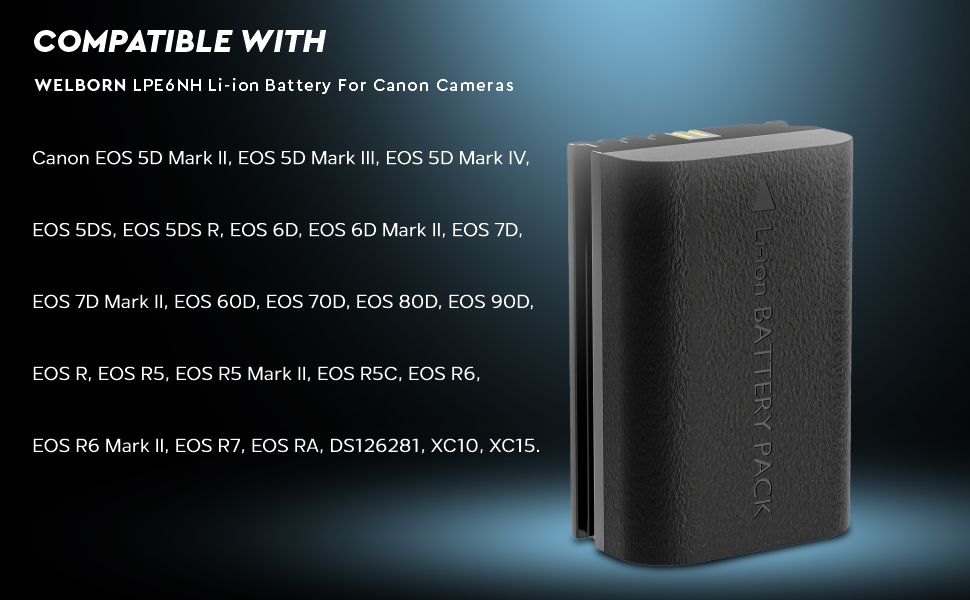 WELBORN Jumbo LP-E6NH (3000 mAh) Platinum Lithium-ion Battery for Canon EOS 5D Mark II III IV 5DS 5DS R 6D 60D 6D Mark II 7D 7D Mark II 70D 80D Cameras