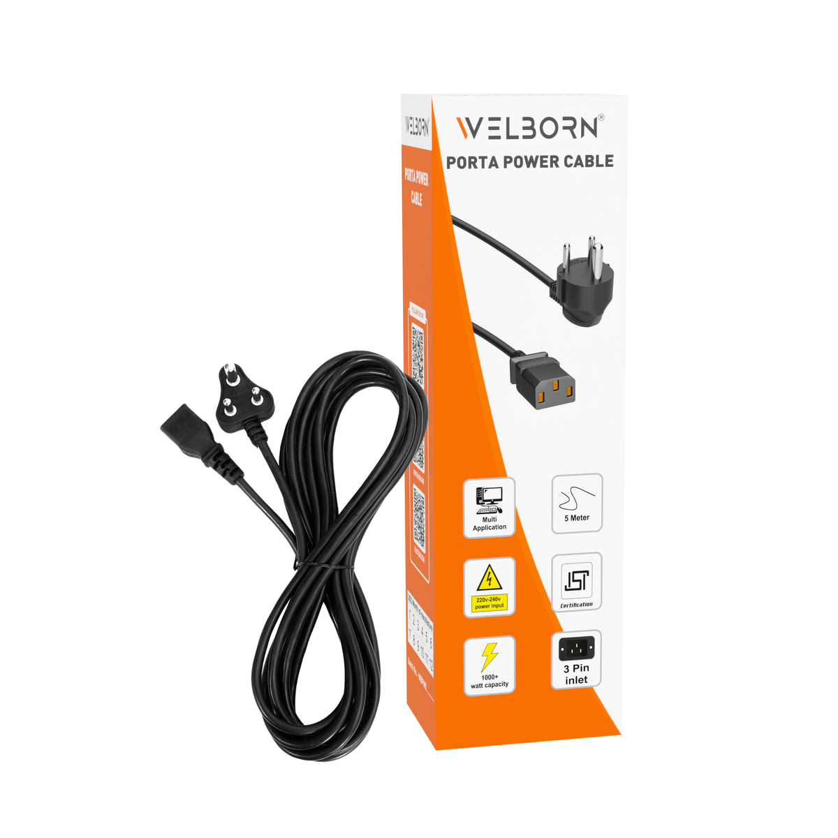 WELBORN 5 Meter Porta Power Cable | 3-Pin Power Cable for Professional Lighting & Studio Equipment | 220–240V Power Input | 1000W+ Capacity | Heavy-Duty Cable for Photography, Videography & Multi-Application Use