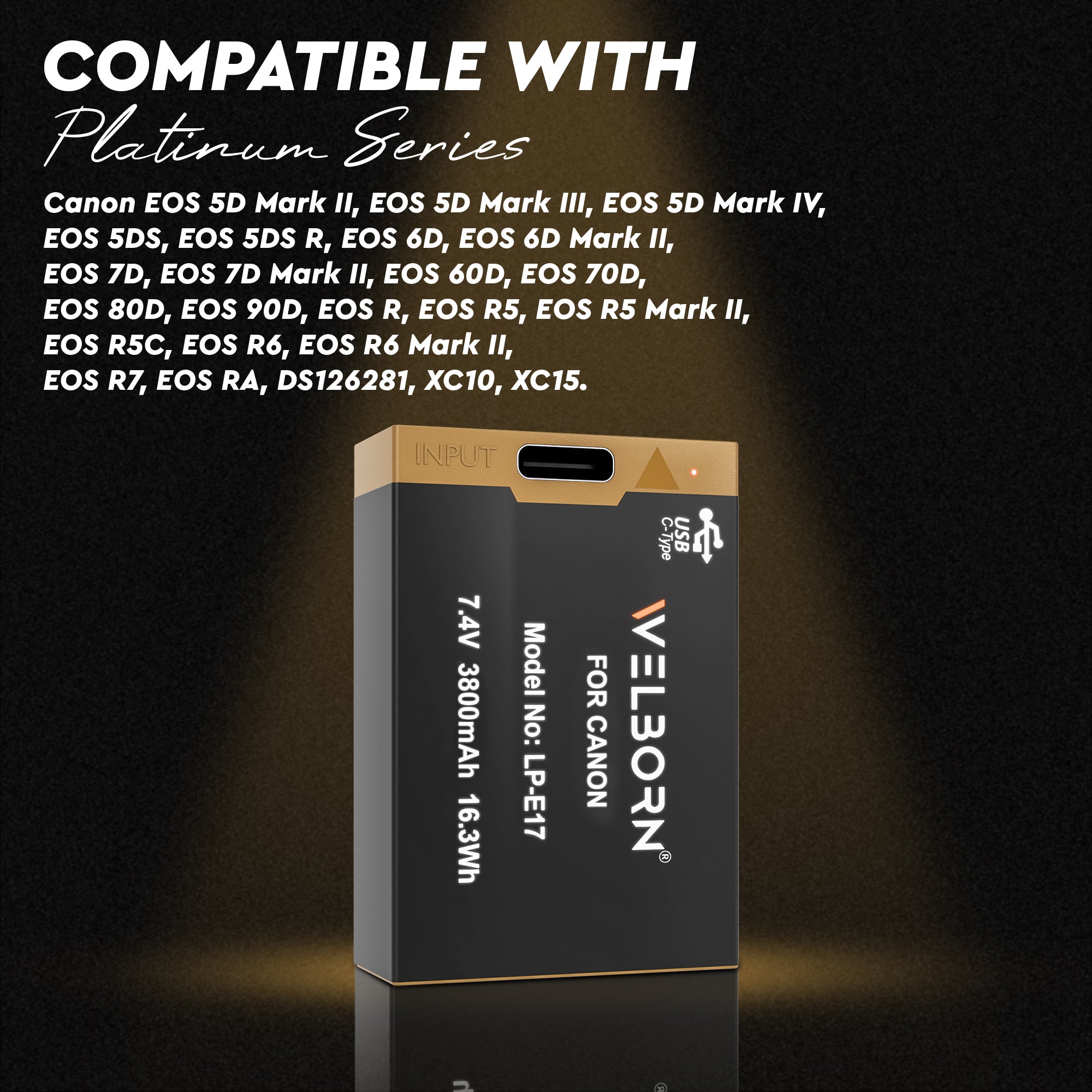 WELBORN LP-E17 (3800 mAh) Platinum Lithium-ion Battery with C Type USB Charging Port Compatible Canon Camera EOS M3 M5 M6 77D 200D 750D 760D 800D 8000D 9000D Rebel T6s T6i T7i SL2 Kiss X8i