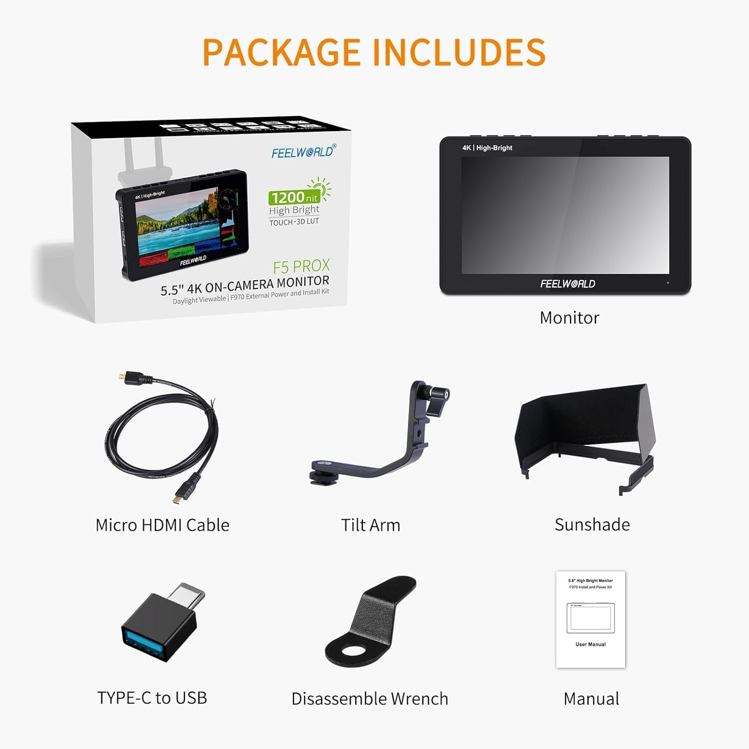 FEELWORLD F5 Prox 5.5 Inch 1600nit High Bright DSLR Camera Field Monitor Touchscreen Waveform 3D LUT F970 External Kit Install for Power Wireless Transmission 1920x1080 4K HDMI in Out Type-c Input