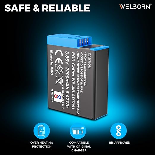 Welborn Platinum 2200mAh Rechargeable Battery Pack for GoPro Hero 8 Black (WB-AB-ADT801)