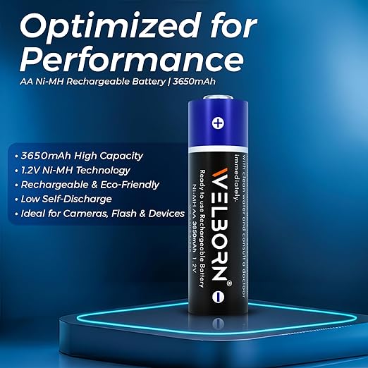 Welborn AA Rechargeable Ni-MH Batteries 3650 mAh | 1.2V Ultra High Power for Mid to High Drain Devices | Pack of 4