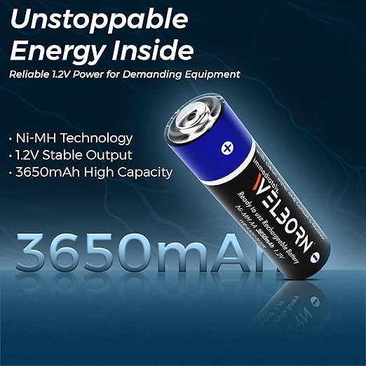Welborn AA Rechargeable Ni-MH Batteries 3650 mAh | 1.2V Ultra High Power for Mid to High Drain Devices | Pack of 4