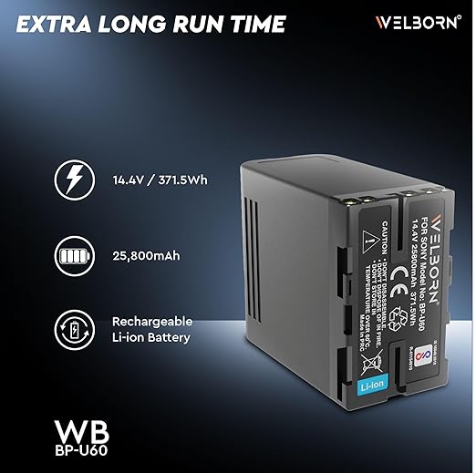 WELBORN BP-U60 Platinum Camera Battery for Sony PMW-100, PMW-160, PMW-200, PMW-300, PMW-EX1, PMW-EX3, PMW-F3, PXW-FS5, PXW-FS7 Cameras(25800mAh)