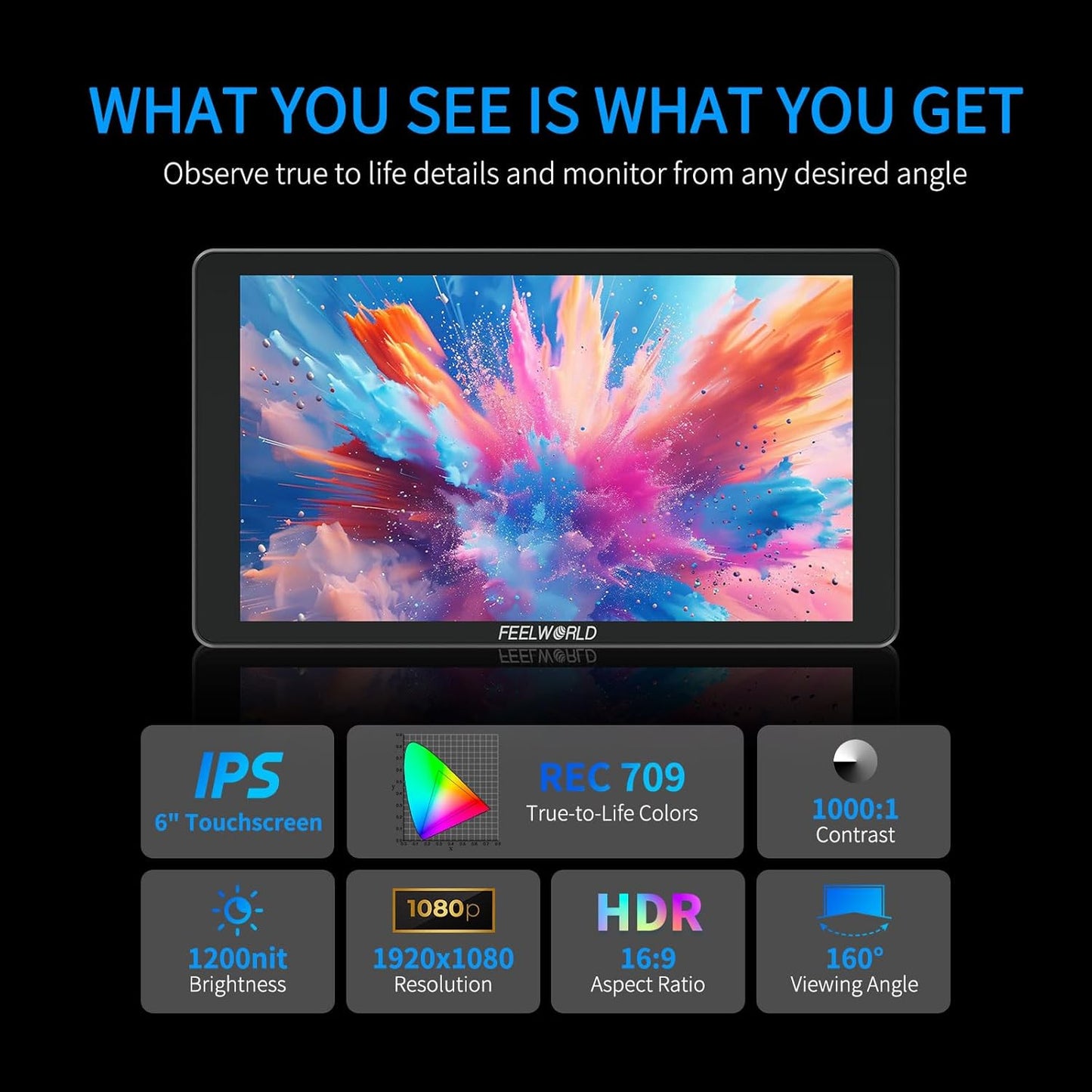 FEELWORLD P6XL 6 inch 1200nit Aluminium Camera Field DSLR Monitor Touchscreen High Brightness Portable Waveform HDR 4K HDMI Input and Output 3D LUT Out Weight 330g