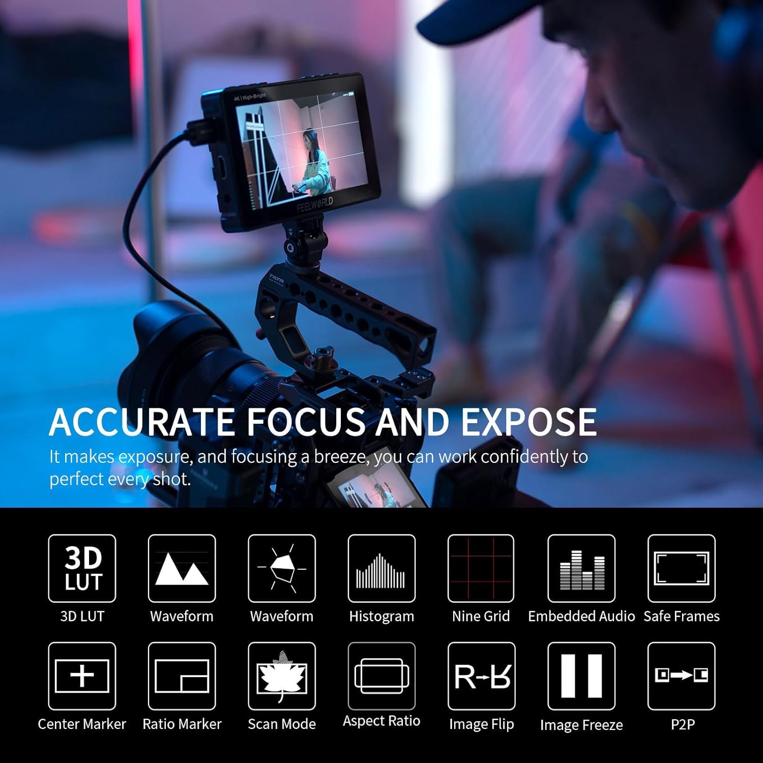 FEELWORLD F5 Prox 5.5 Inch 1600nit High Bright DSLR Camera Field Monitor Touchscreen Waveform 3D LUT F970 External Kit Install for Power Wireless Transmission 1920x1080 4K HDMI in Out Type-c Input