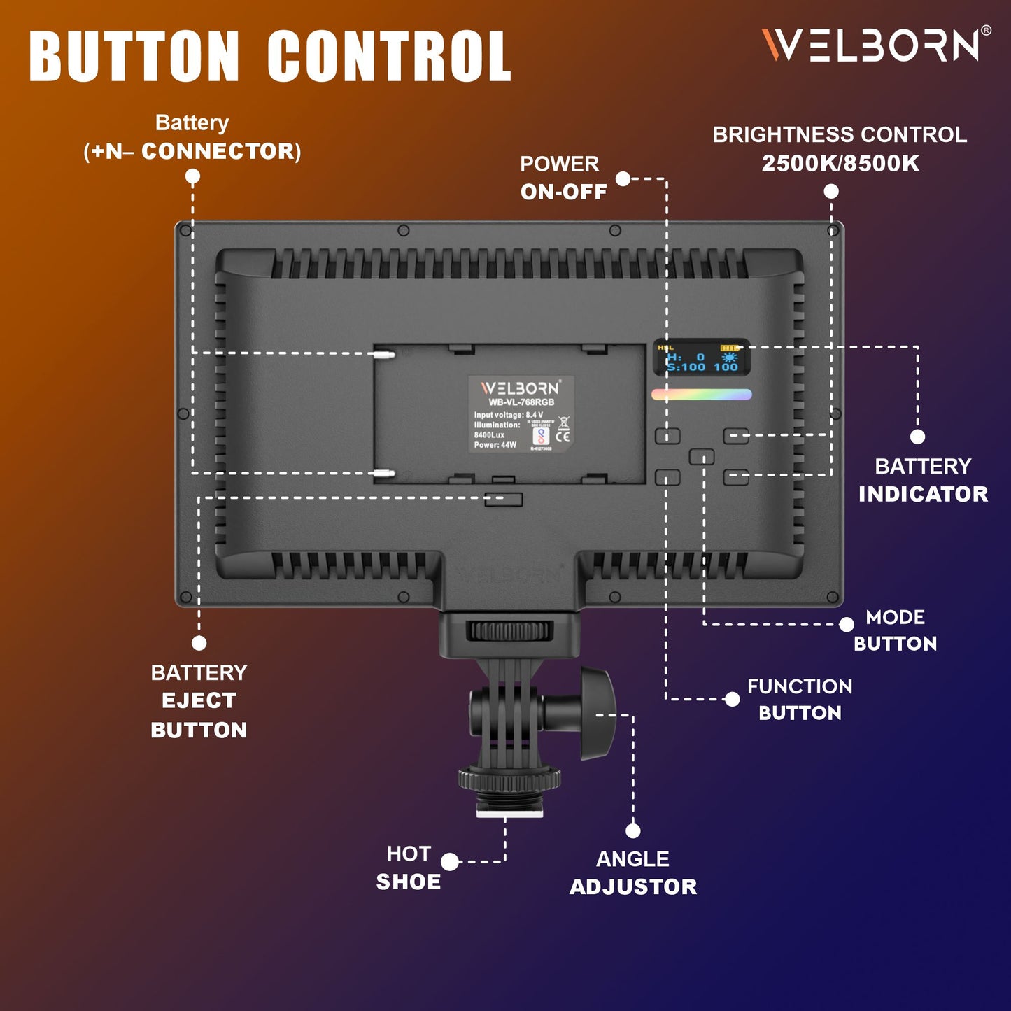 Welborn 768RGB LED Video Light, Adjustable Color Temperature, Professional Lighting