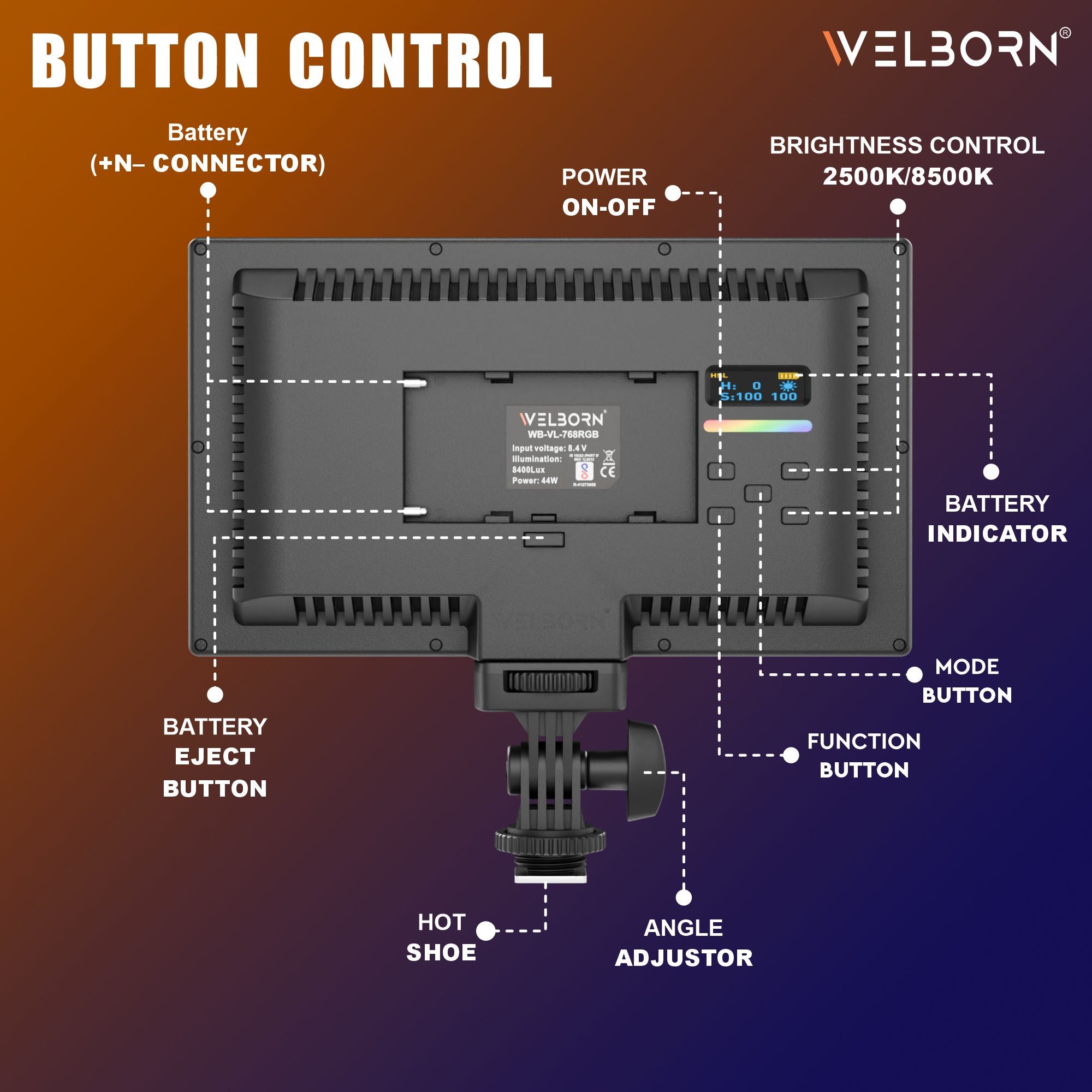 Welborn 768RGB LED Video Light, Adjustable Color Temperature, Professional Lighting