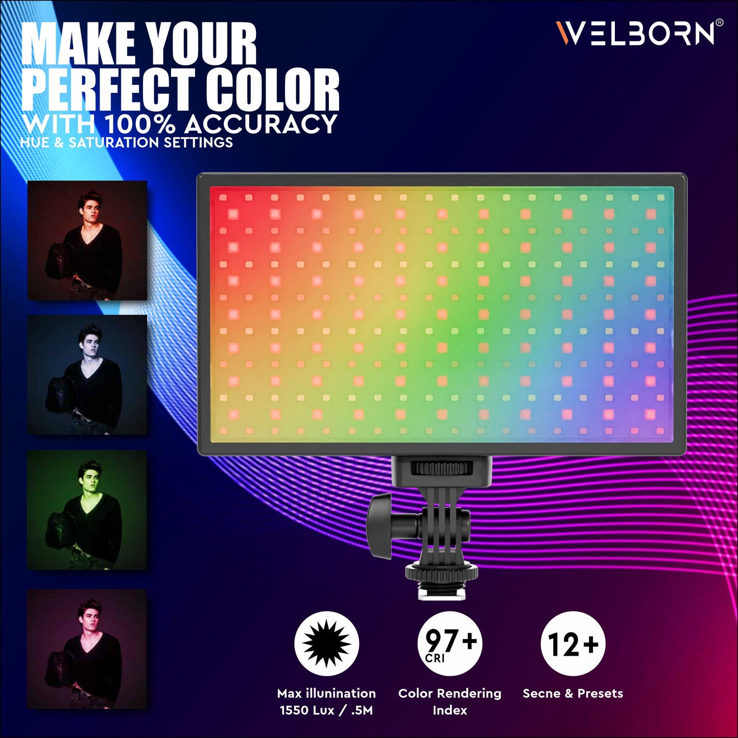 Welborn 768RGB LED Video Light, Adjustable Color Temperature, Professional Lighting