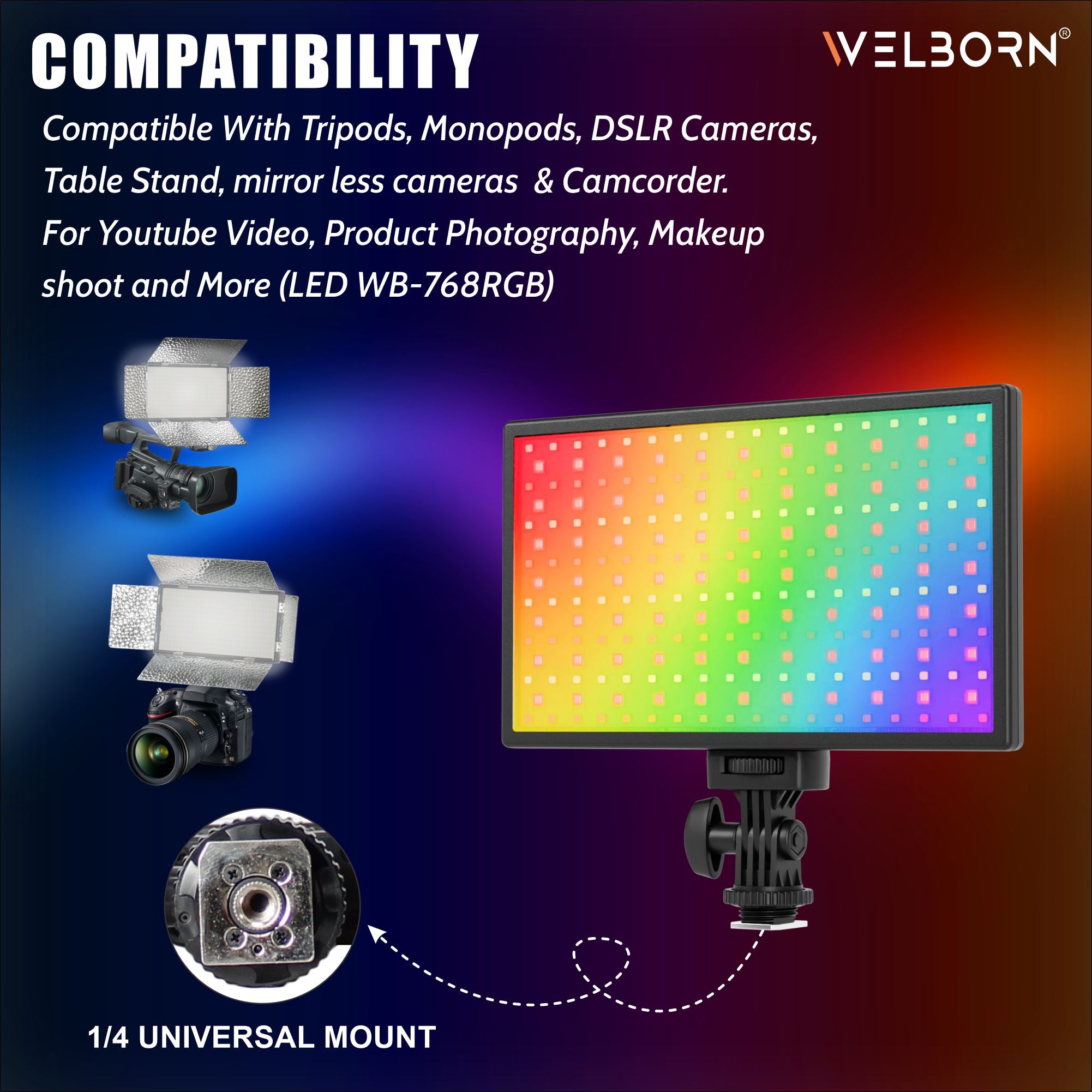 Welborn 768RGB LED Video Light, Adjustable Color Temperature, Professional Lighting