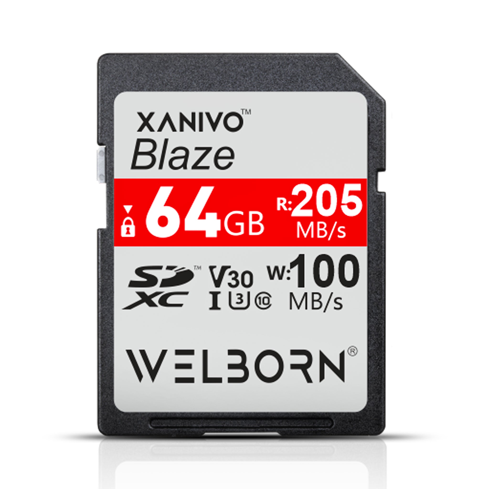 Welborn Blaze SDXC UHS-I SD Card for 4K Video for DSLR & Microless Camera Read Speed 205MB/s, Write Speed 100MB/s, V30 SD Card