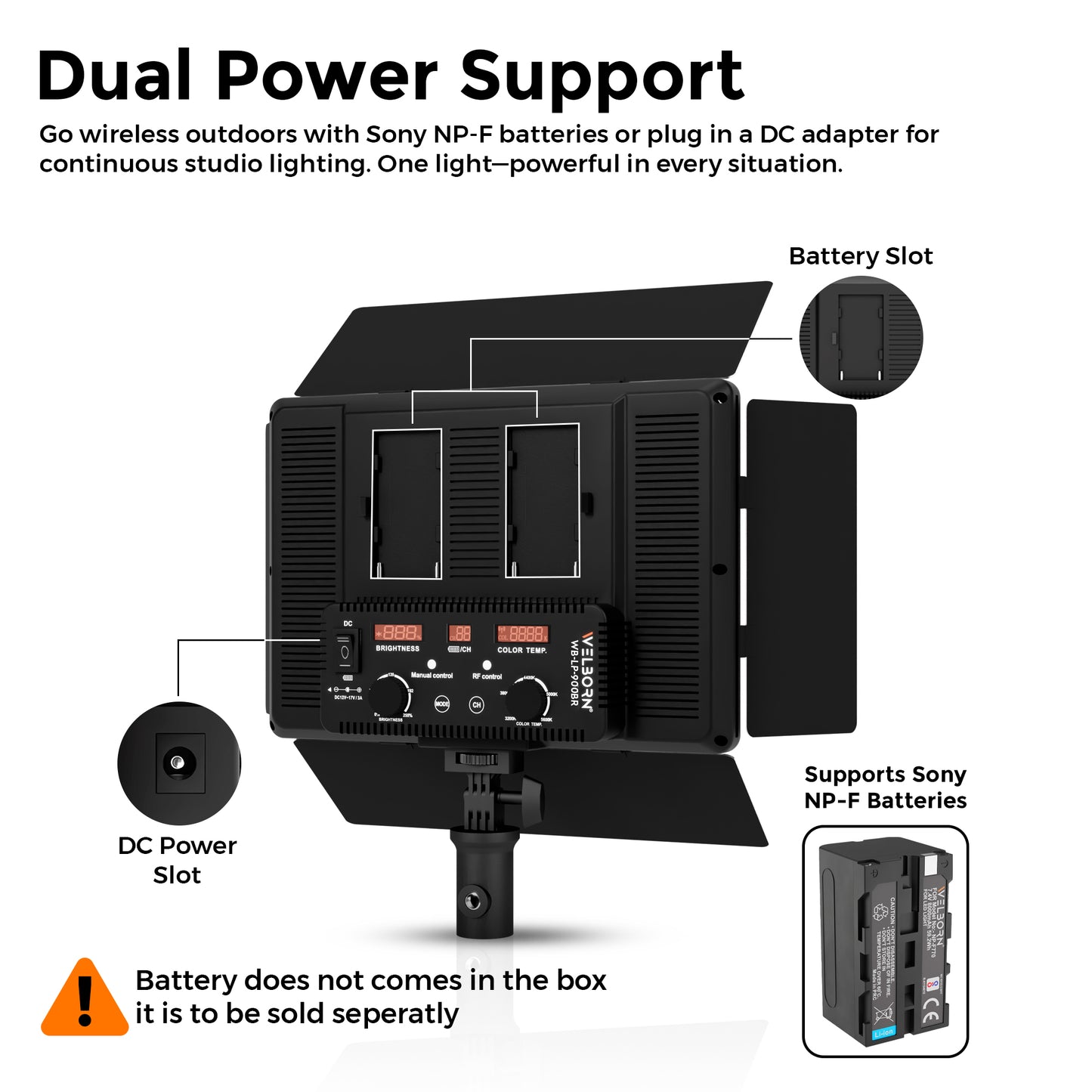 Welborn 50W LED Video Panel Light, Bi-Color 3200K–5600K, High CRI Studio Light for YouTube, Photography Adjustable Brightness, Remote Control, DC & Battery Dual Power Supply (WB-LP900BR)