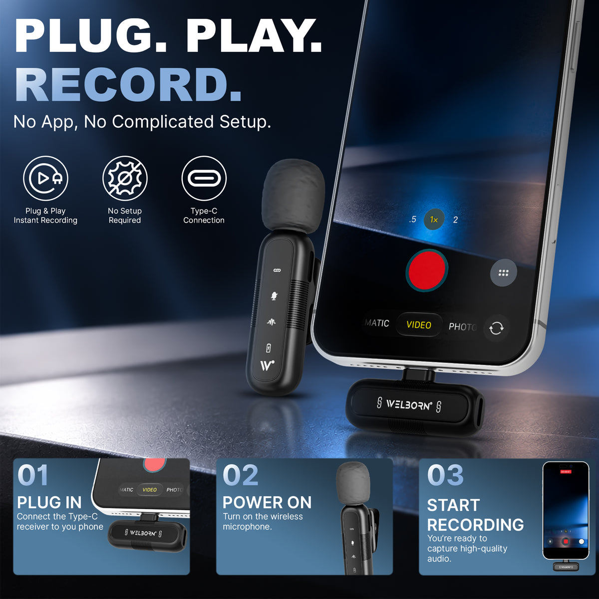 WELBORN WB-WM-001 Wireless Microphone System for iPhone, iPad & Android Devices | 2.4GHz Wireless Lavalier Microphone | Noise Reduction, Echo Mode, 360° Omnidirectional Pickup & 25m Transmission Range