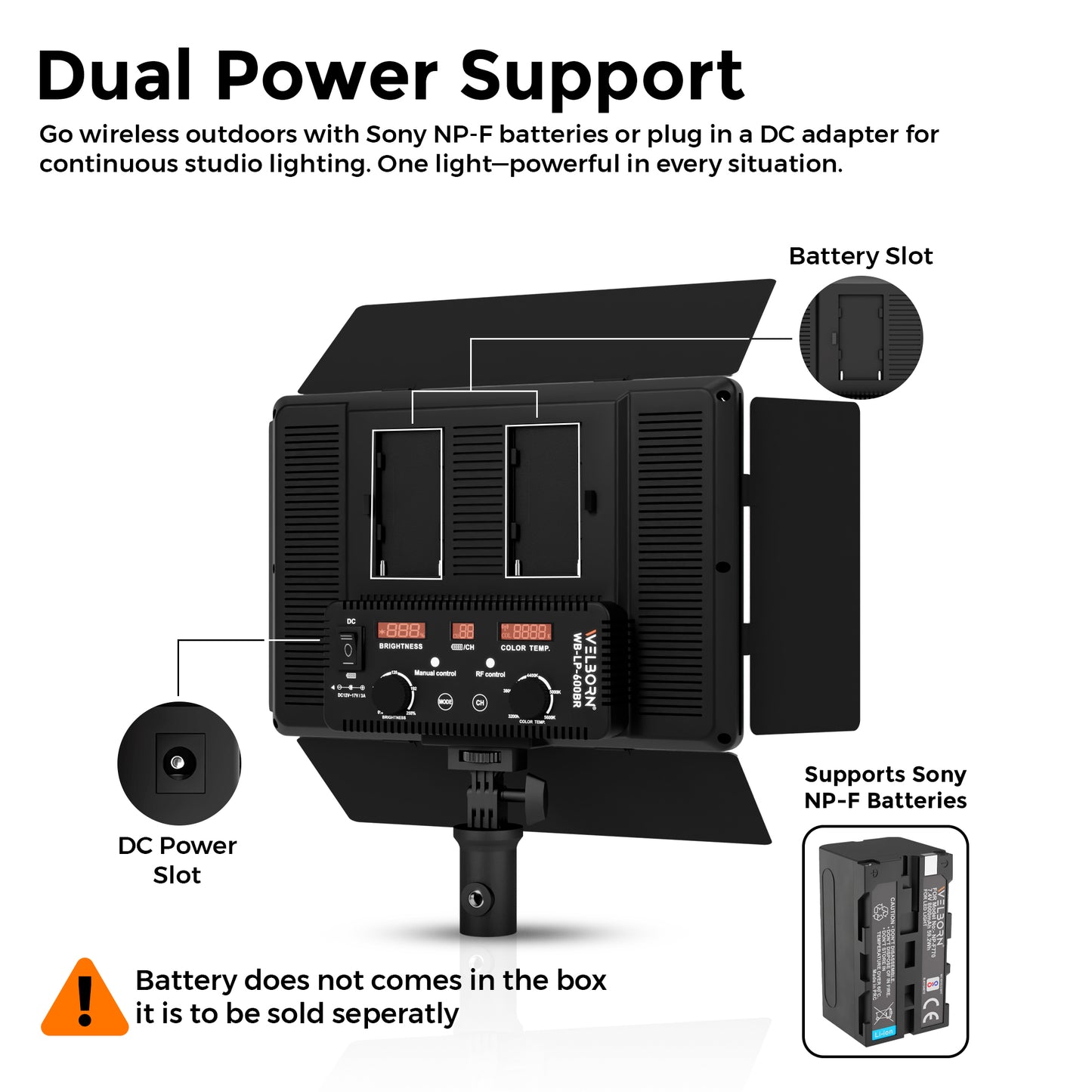 Welborn 35W LED Video Panel Light, Bi-Color 3200K–5600K, High CRI Studio Light for YouTube, Photography, Adjustable Brightness, Remote Control, DC & Battery Dual Power Supply (WB-LP600BR)