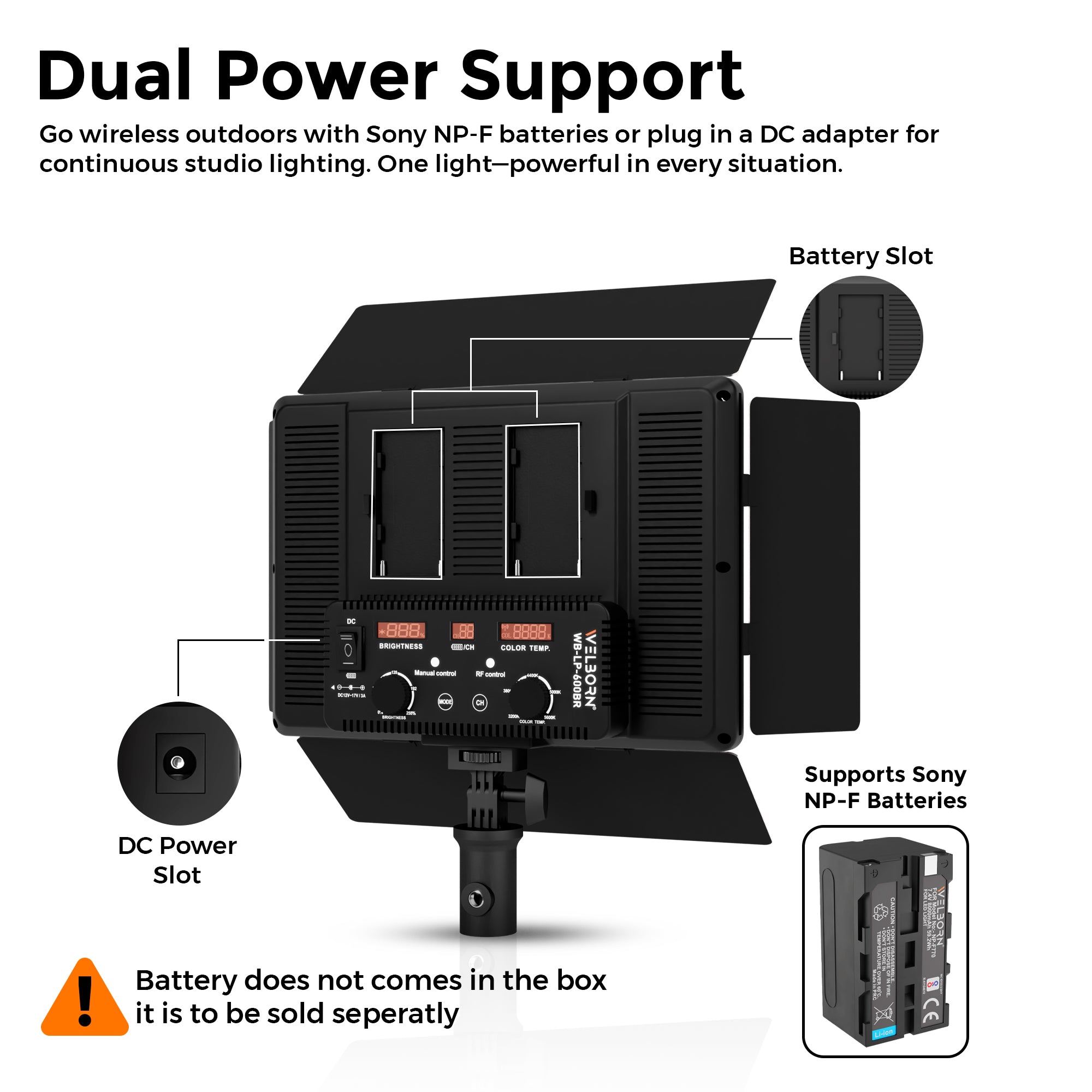 Welborn 35W LED Video Panel Light, Bi-Color 3200K–5600K, High CRI Studio Light for YouTube, Photography, Adjustable Brightness, Remote Control, DC & Battery Dual Power Supply (WB-LP600BR)