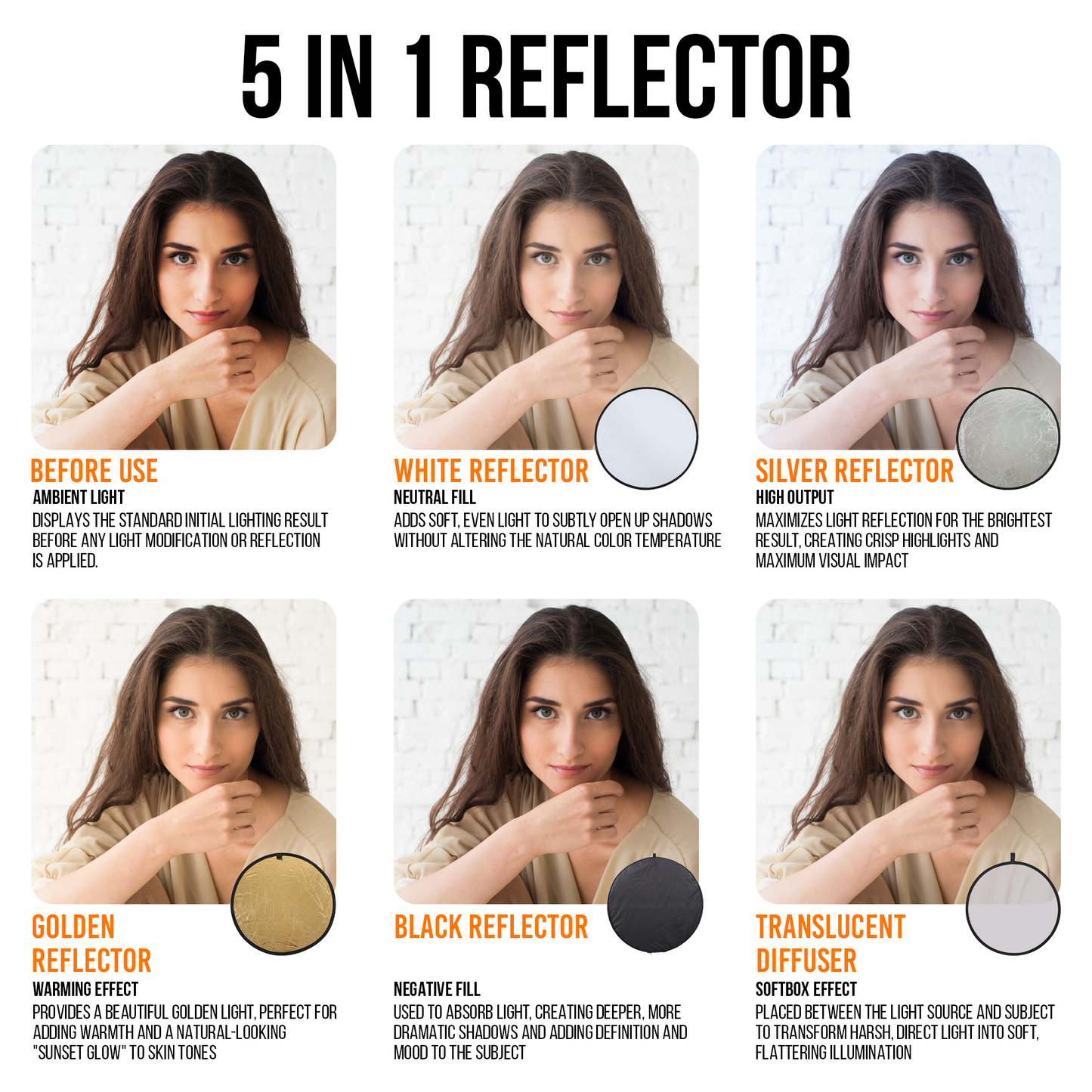 Welborn 5-in-1 Collapsible Light Reflector 43" (110cm) – Gold, Silver, White, Black & Translucent Photography Diffuser for Studio & Outdoor Shoots