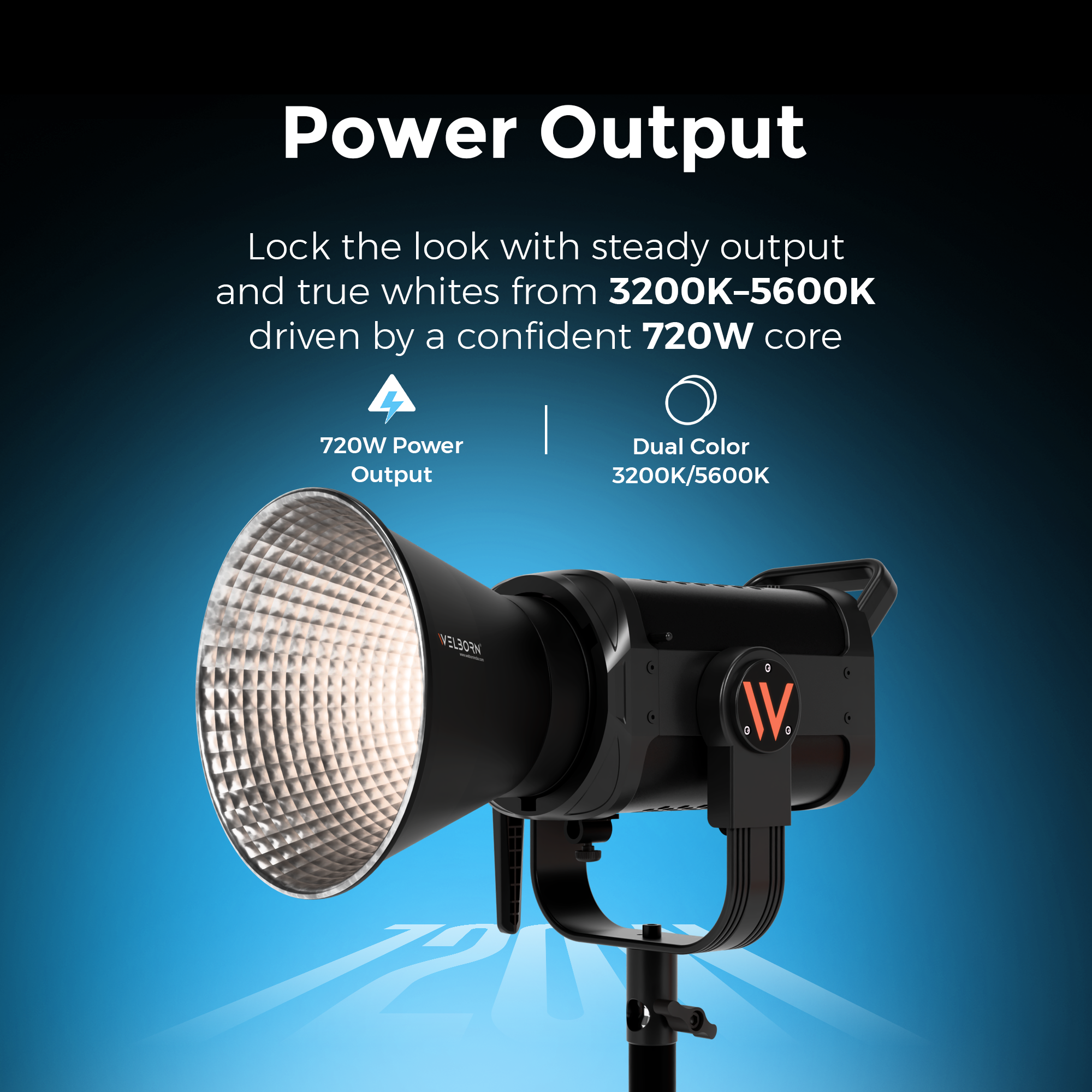 Welborn VL-720B LED COB Light with App Control 18CM Reflector 720W - 3200K-5600K Adjustable Color Temperature, AC Powered, Ideal for Photography & Video Shooting