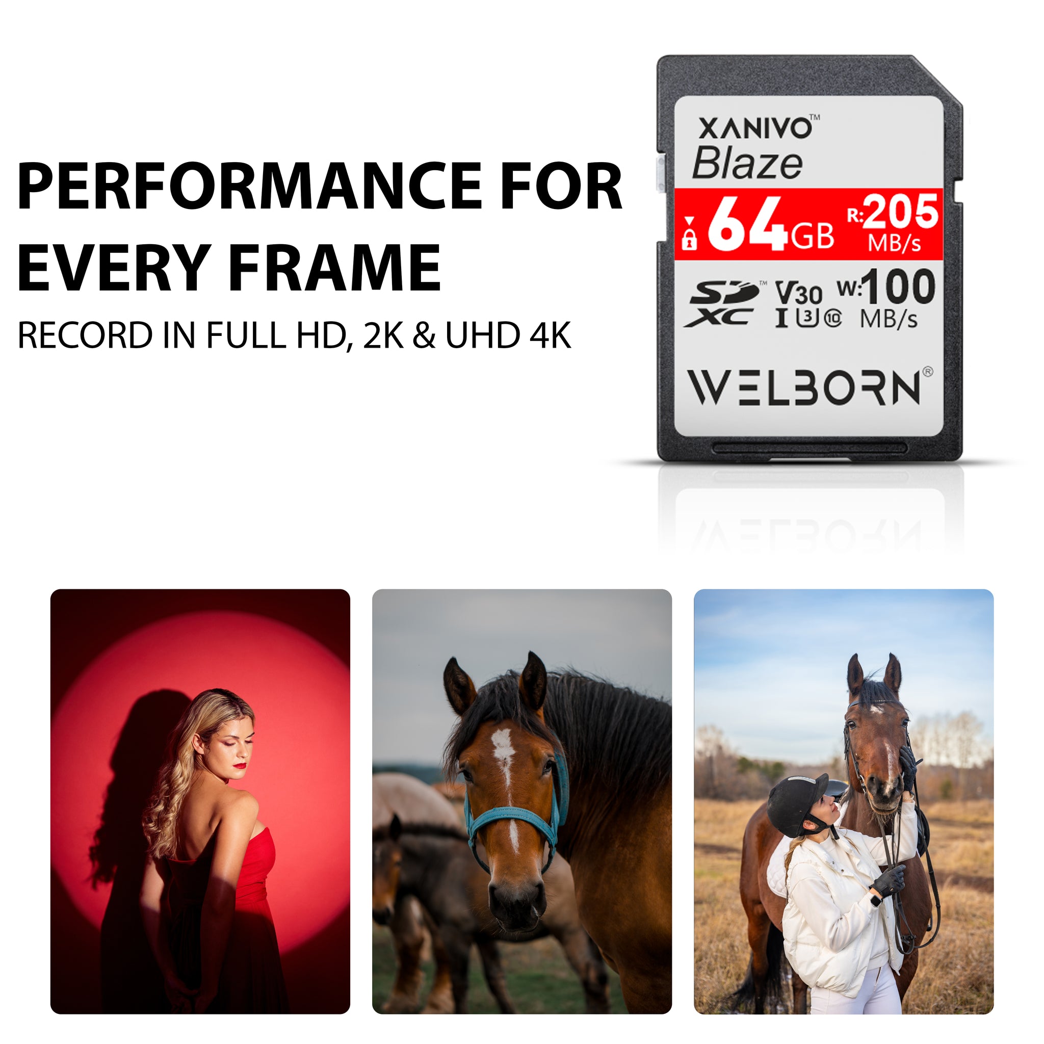 Welborn Blaze SDXC UHS-I SD Card for 4K Video for DSLR & Microless Camera Read Speed 205MB/s, Write Speed 100MB/s, V30 SD Card
