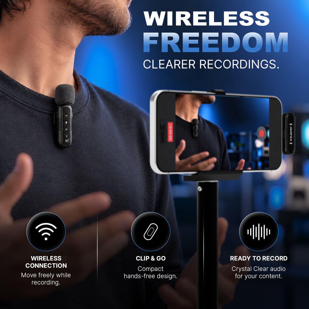 WELBORN WB-WM-001 Wireless Microphone System for iPhone, iPad & Android Devices | 2.4GHz Wireless Lavalier Microphone | Noise Reduction, Echo Mode, 360° Omnidirectional Pickup & 25m Transmission Range