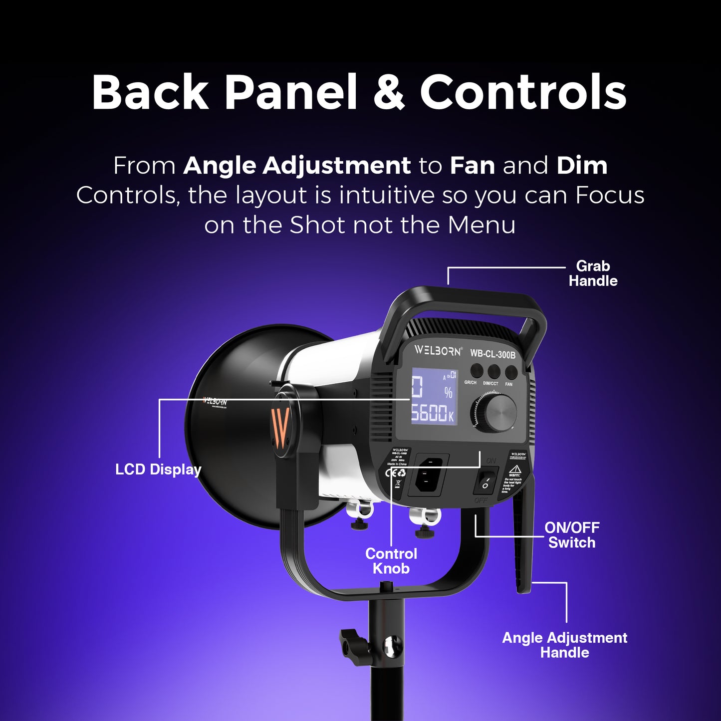 Welborn VL-300B LED COB Light with App Control 18CM Reflector 300W - 3200K-5600K Adjustable Color Temperature, AC Powered, Ideal for Photography & Video Shooting