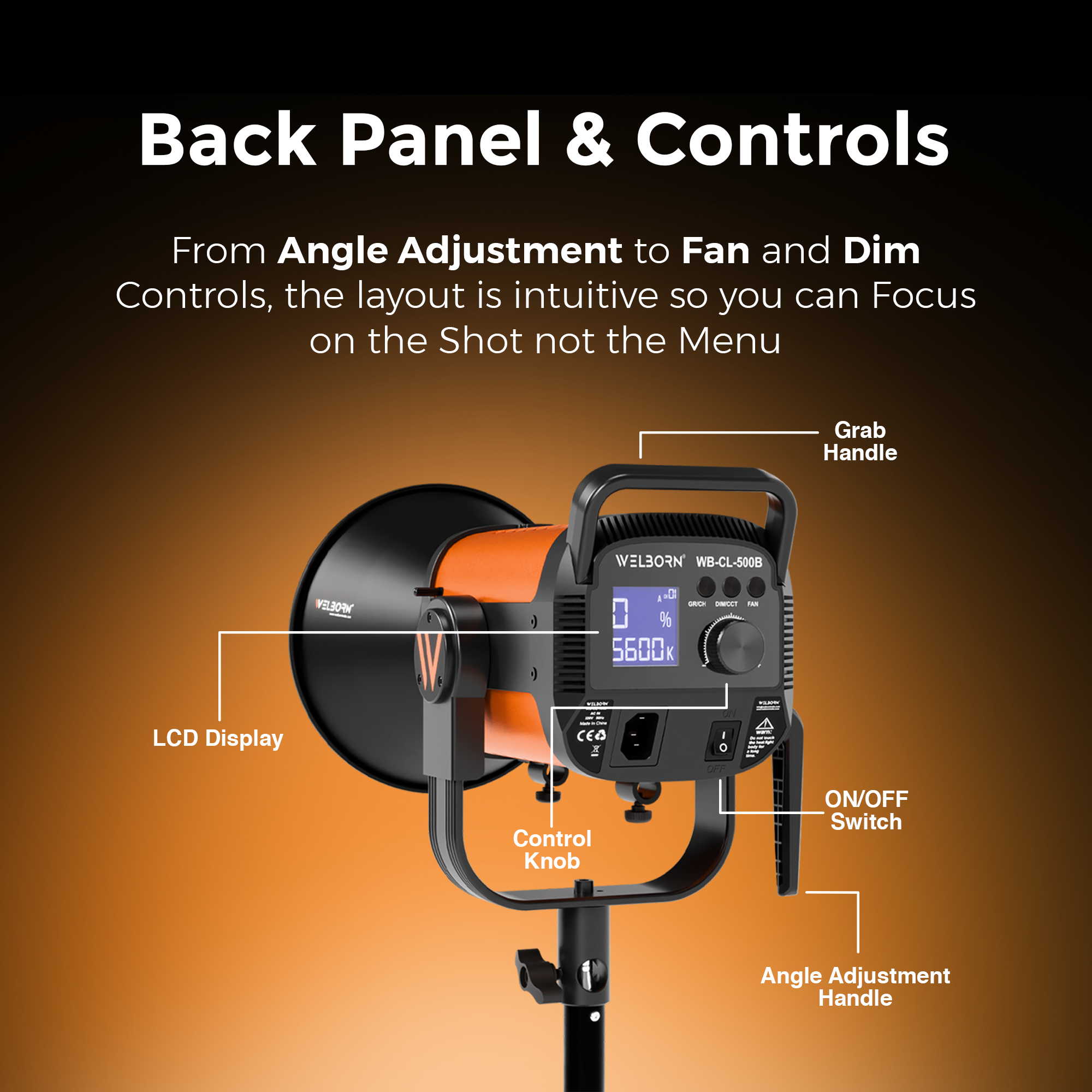 Welborn VL-500B LED COB Light with App Control 18CM Reflector 500W - 3200K-5600K Adjustable Color Temperature, AC Powered, Ideal for Photography & Video Shooting