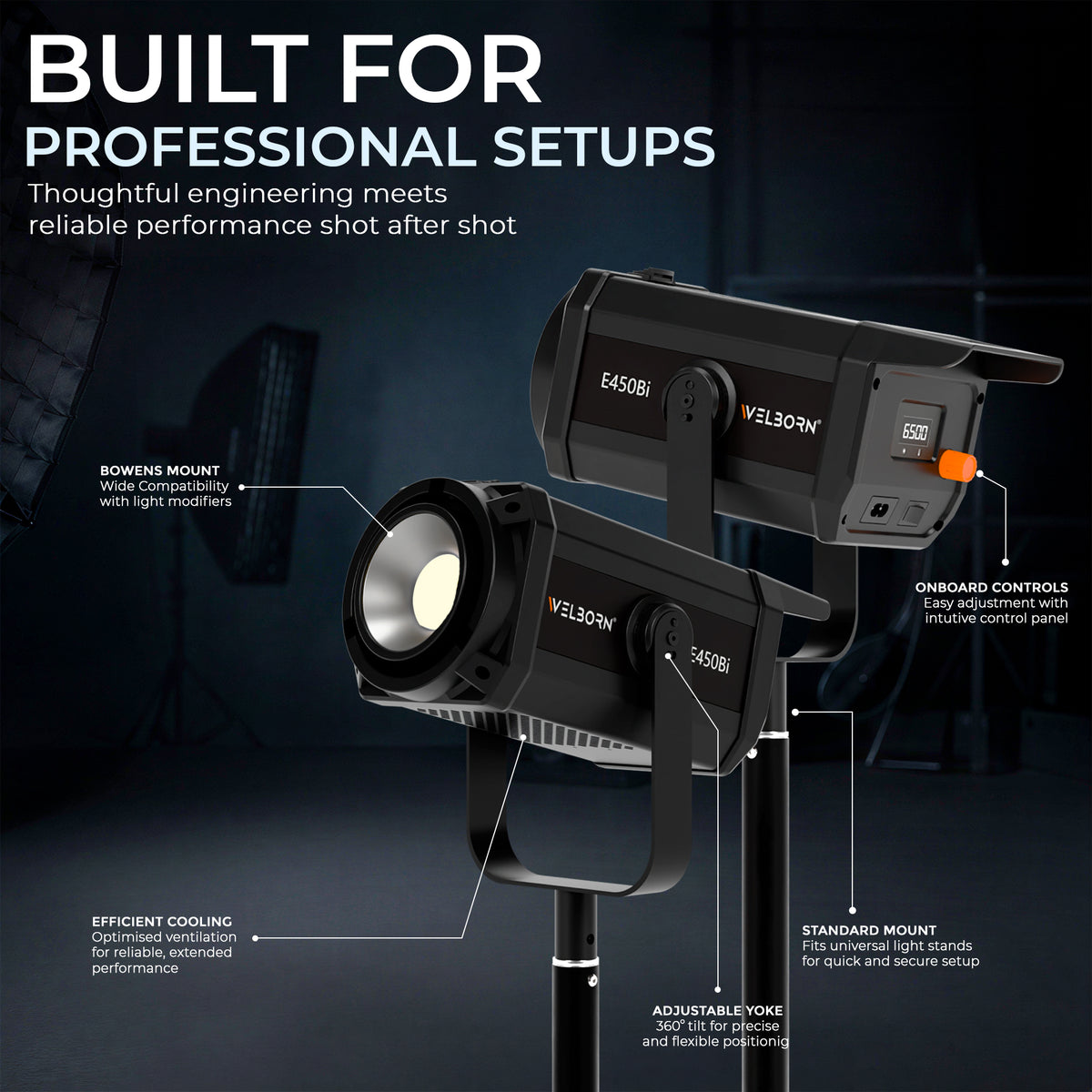 WELBORN WB-CL-E450BI 450W Professional COB LED Bi-Color Video Light | 2700K–6500K Adjustable Color Temperature | 96+ CRI | 29,500 Lux High-Output Lighting | Studio Light for Photography, Videography, Film & Content Creation