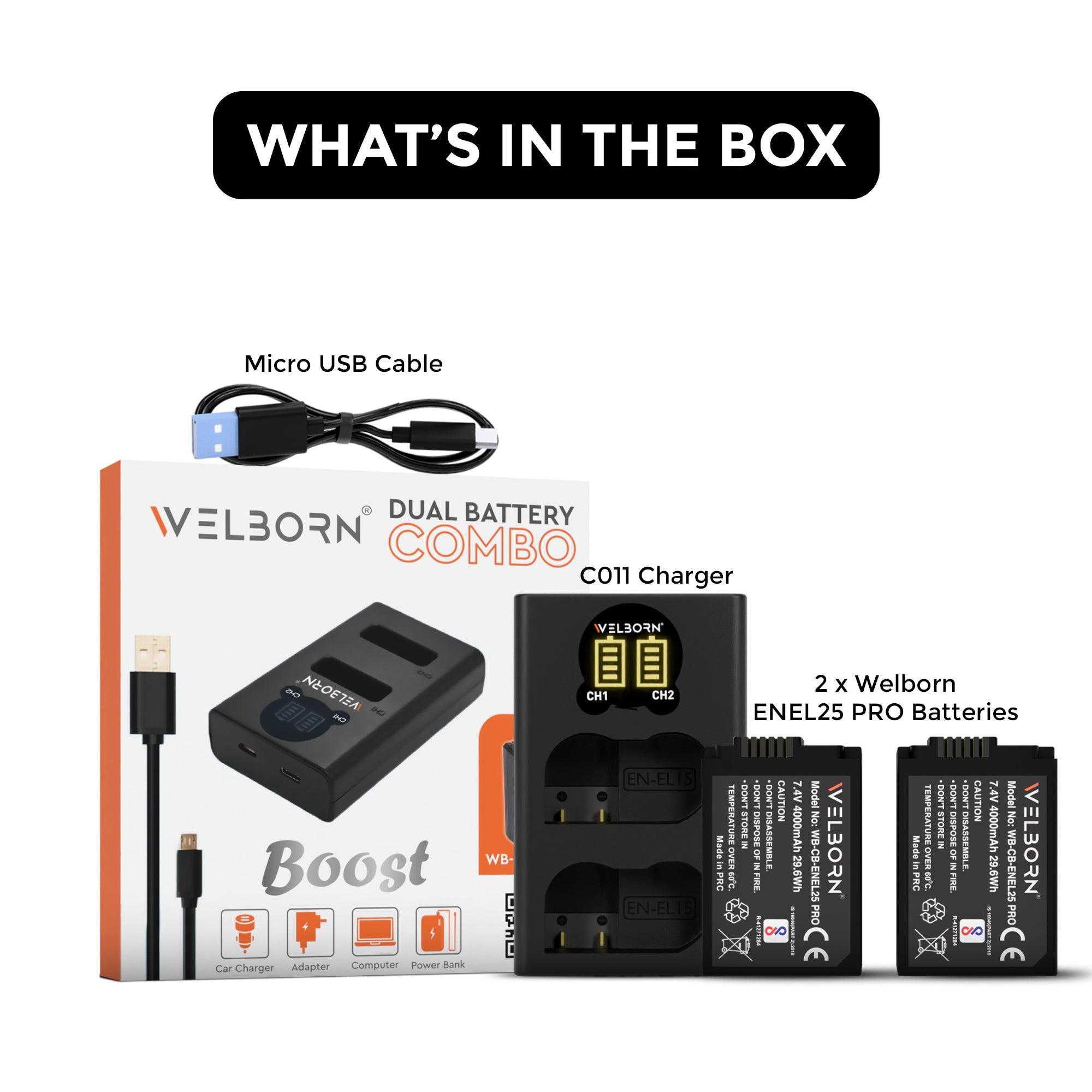 WELBORN Dual EN-EL25 Batteries with Charger combo pack for Nikon Mirrorless Cameras (Z30 / Z50 / Z fc)