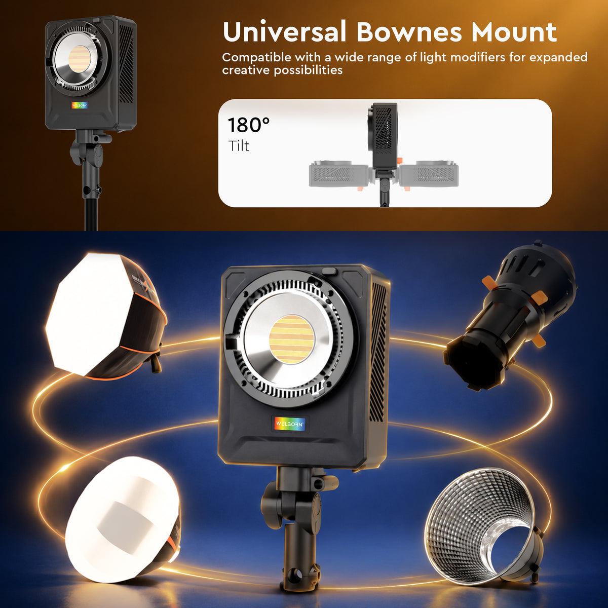 WELBORN F500RGB 500W RGB COB LED Video Light | RGB Color Control | 96+ CRI & TLCI | 31,500 Lux Brightness | App Control | 180° Rotation | FX Lighting Effects | Professional Studio Light for Photography & Videography