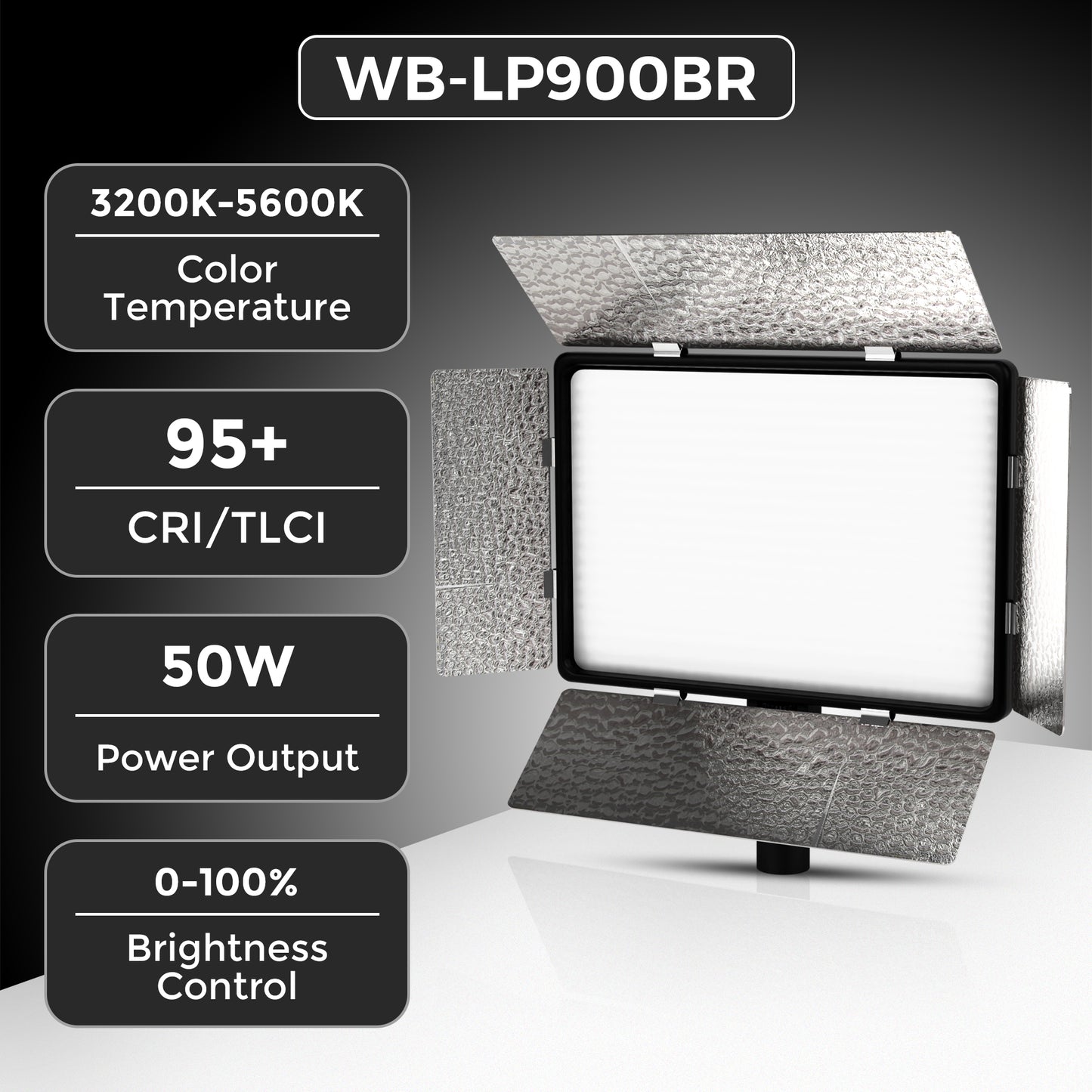 Welborn 50W LED Video Panel Light, Bi-Color 3200K–5600K, High CRI Studio Light for YouTube, Photography Adjustable Brightness, Remote Control, DC & Battery Dual Power Supply (WB-LP900BR)