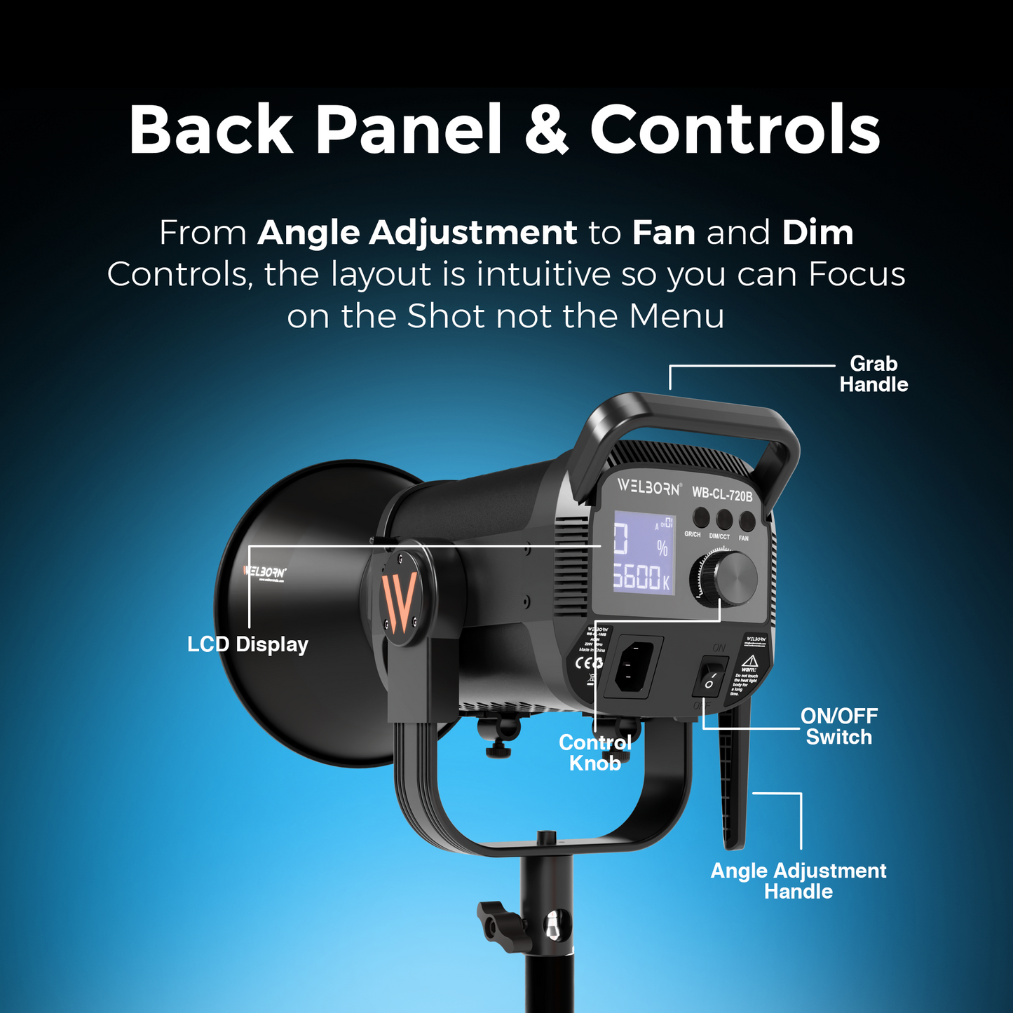 Welborn VL-720B LED COB Light with App Control 18CM Reflector 720W - 3200K-5600K Adjustable Color Temperature, AC Powered, Ideal for Photography & Video Shooting