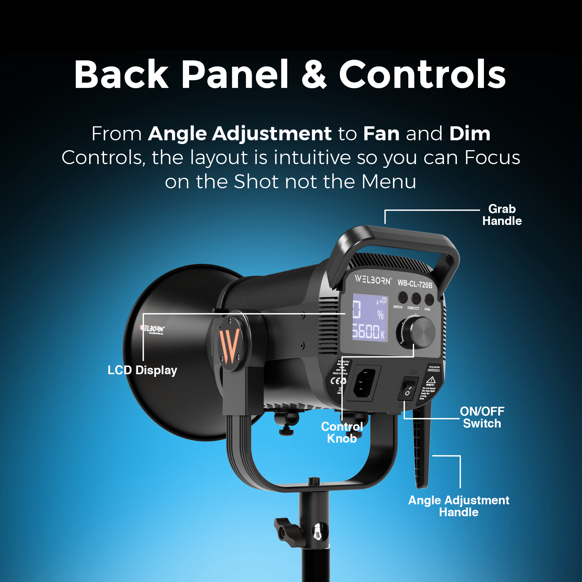 Welborn VL-720B LED COB Light with App Control 18CM Reflector 720W - 3200K-5600K Adjustable Color Temperature, AC Powered, Ideal for Photography & Video Shooting