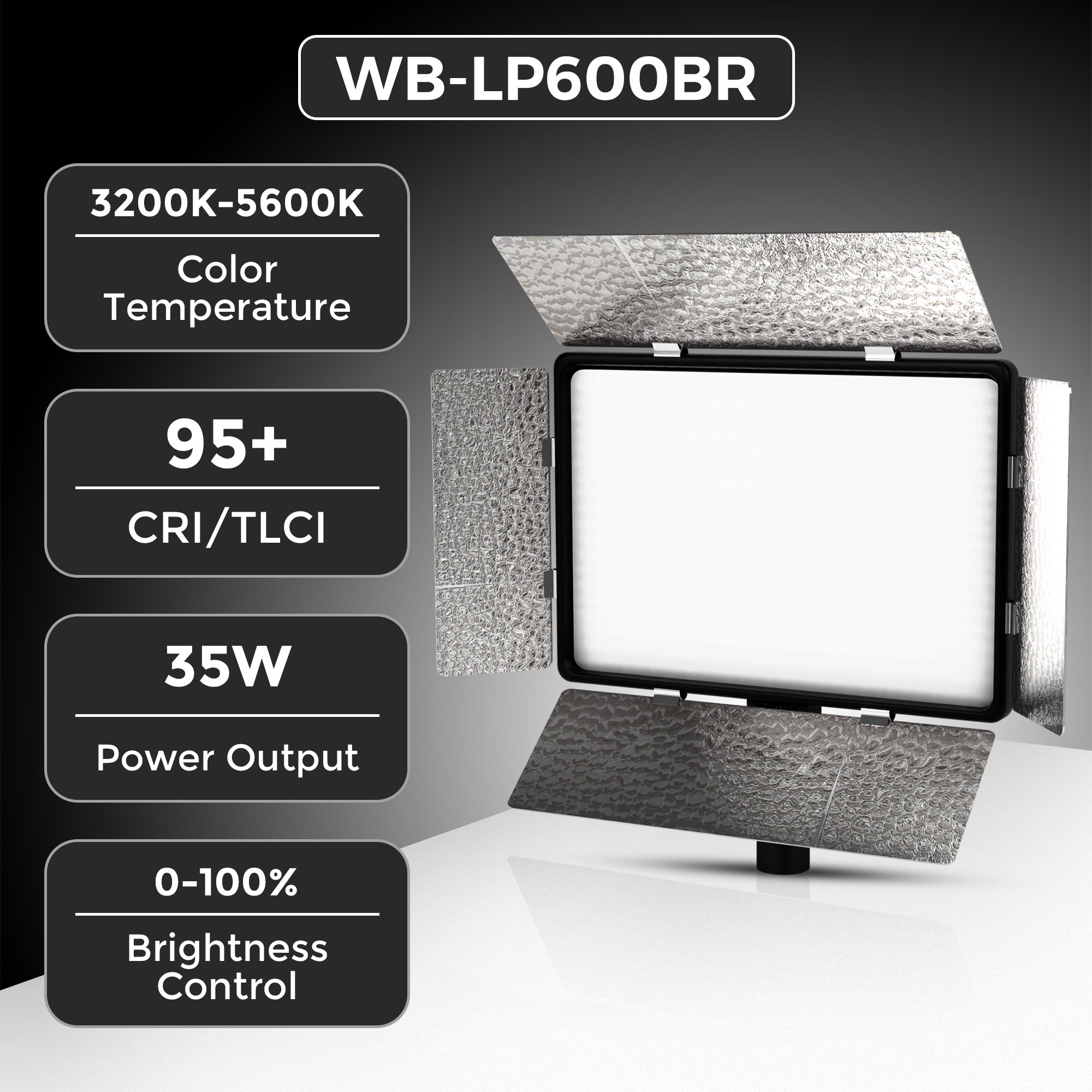Welborn 35W LED Video Panel Light, Bi-Color 3200K–5600K, High CRI Studio Light for YouTube, Photography, Adjustable Brightness, Remote Control, DC & Battery Dual Power Supply (WB-LP600BR)