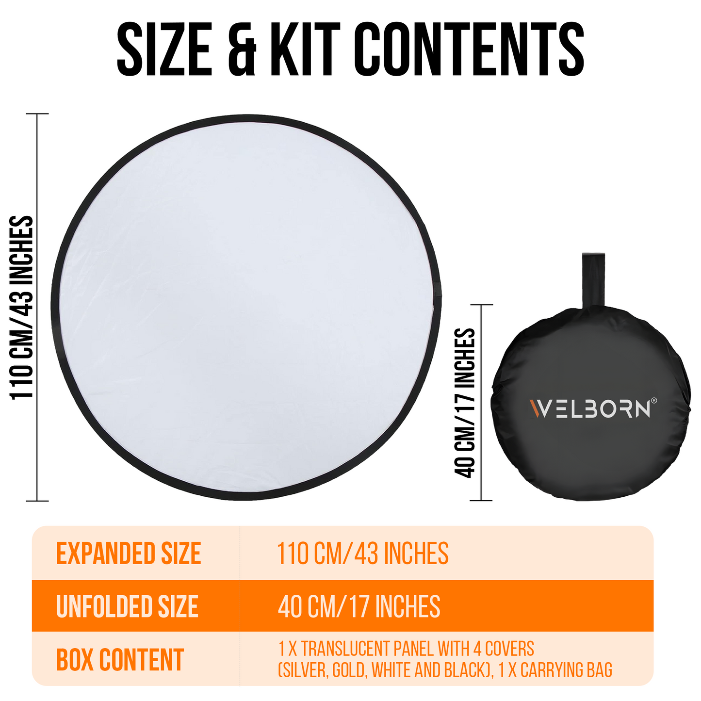 Welborn 5-in-1 Collapsible Light Reflector 43" (110cm) – Gold, Silver, White, Black & Translucent Photography Diffuser for Studio & Outdoor Shoots