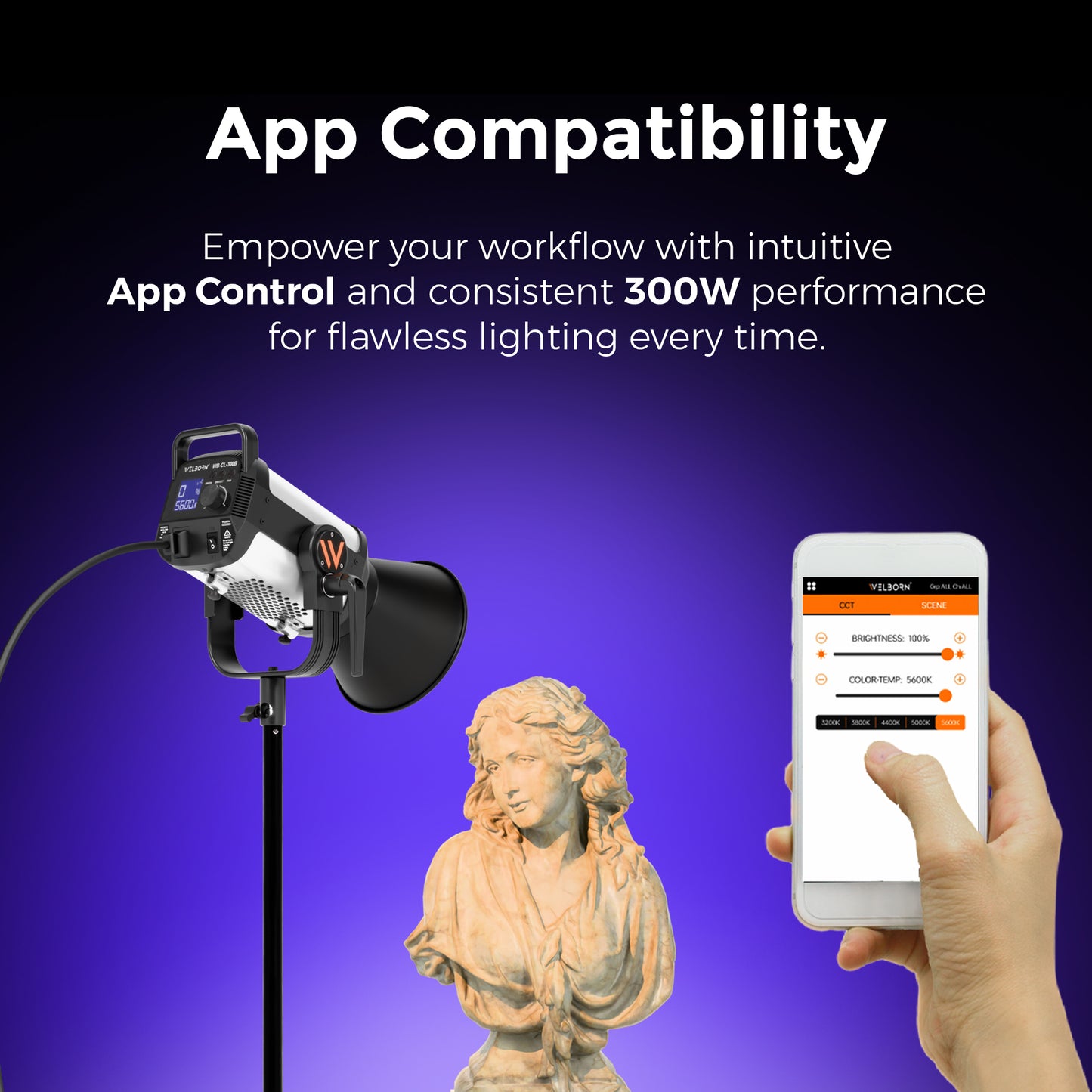 Welborn VL-300B LED COB Light with App Control 18CM Reflector 300W - 3200K-5600K Adjustable Color Temperature, AC Powered, Ideal for Photography & Video Shooting