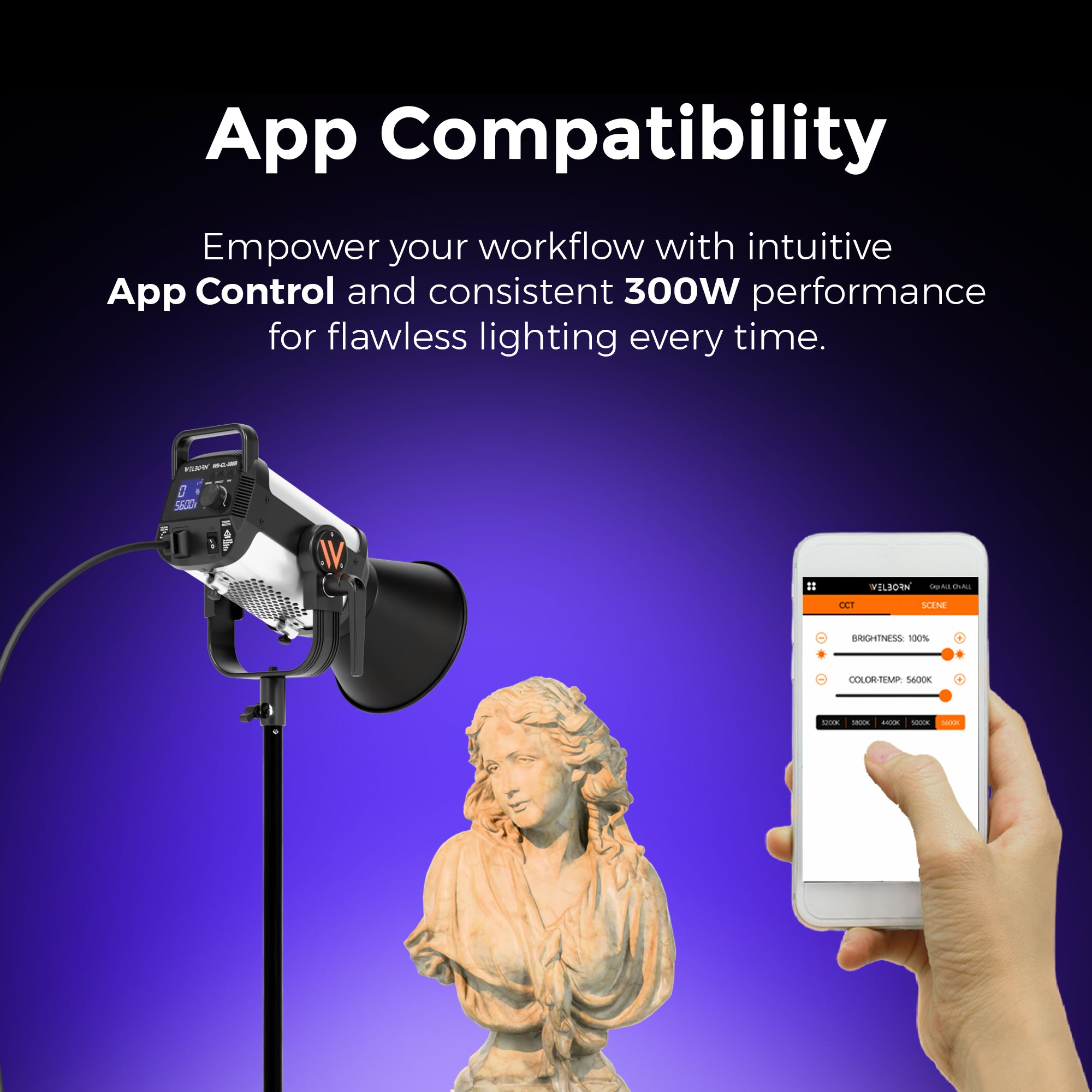 Welborn VL-300B LED COB Light with App Control 18CM Reflector 300W - 3200K-5600K Adjustable Color Temperature, AC Powered, Ideal for Photography & Video Shooting