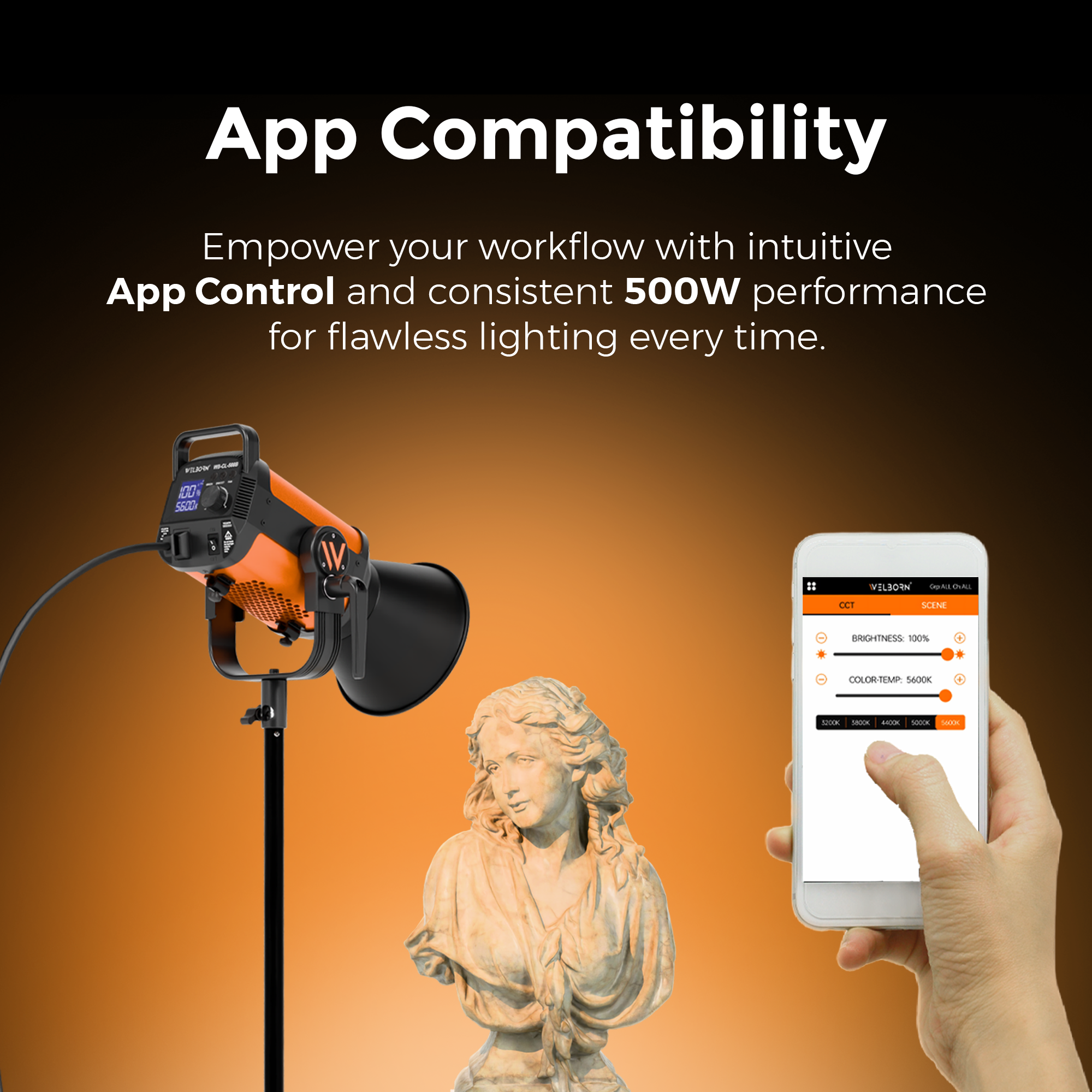 Welborn VL-500B LED COB Light with App Control 18CM Reflector 500W - 3200K-5600K Adjustable Color Temperature, AC Powered, Ideal for Photography & Video Shooting