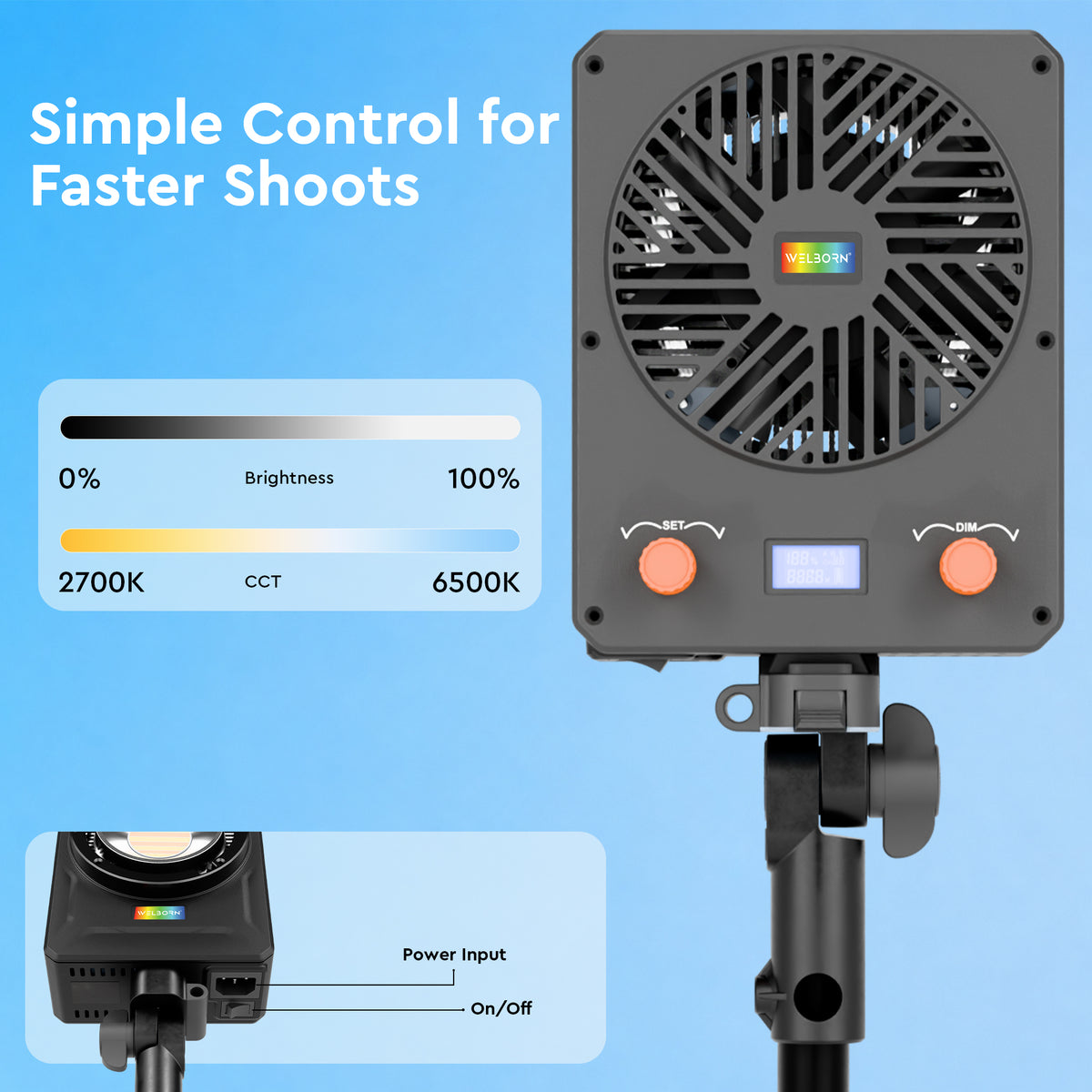 WELBORN F500RGB 500W RGB COB LED Video Light | RGB Color Control | 96+ CRI & TLCI | 31,500 Lux Brightness | App Control | 180° Rotation | FX Lighting Effects | Professional Studio Light for Photography & Videography
