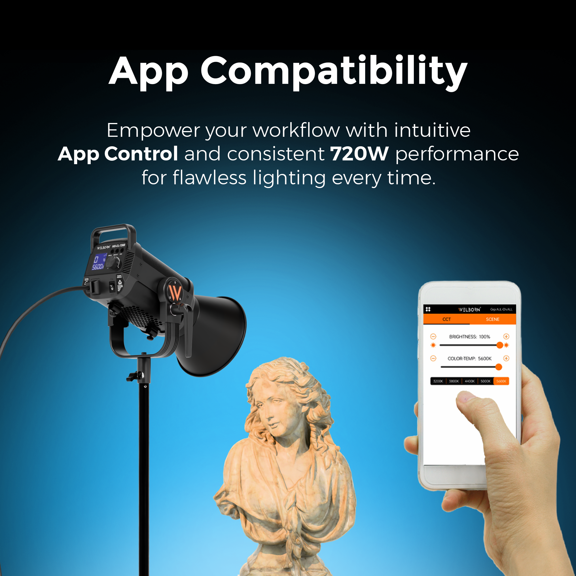 Welborn VL-720B LED COB Light with App Control 18CM Reflector 720W - 3200K-5600K Adjustable Color Temperature, AC Powered, Ideal for Photography & Video Shooting